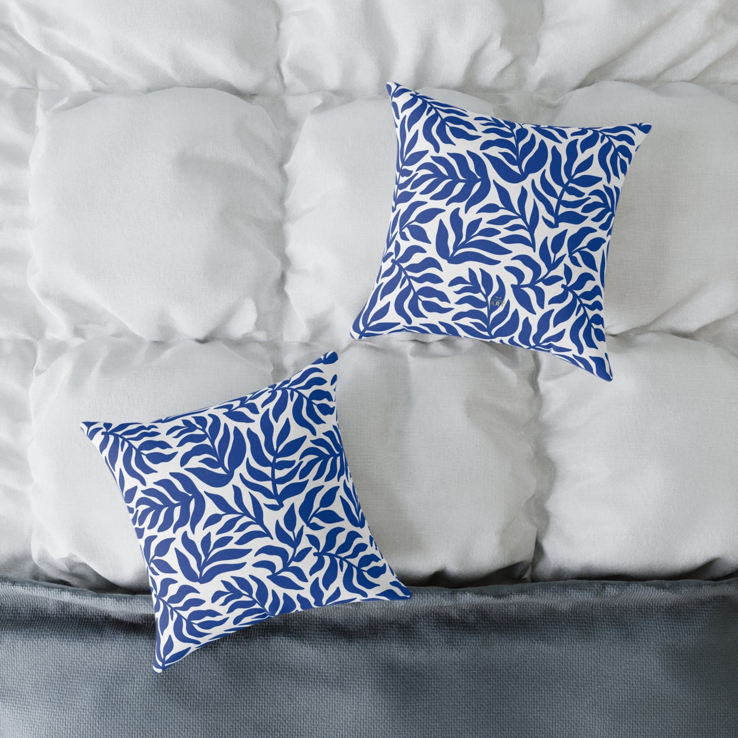 Blue White Leaf Pattern Square Pillow | Botanical Throw Pillow