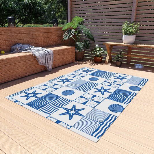 Nautical Seashell Starfish Checkered Outdoor/Indoor Rug | Coastal Patio Mat