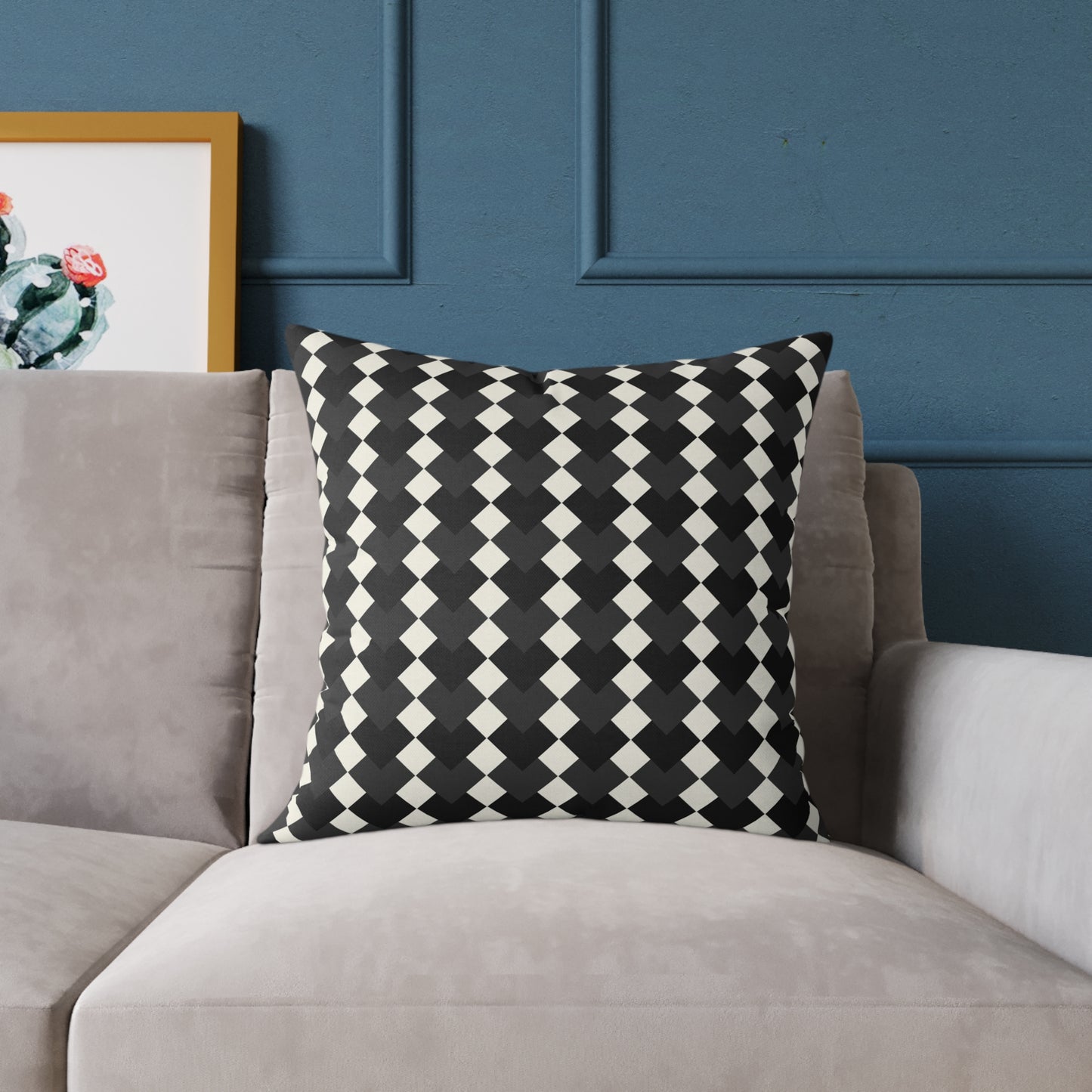 Black White Harlequin Diamond Pattern Pillow | Square Poly Canvas Pillow