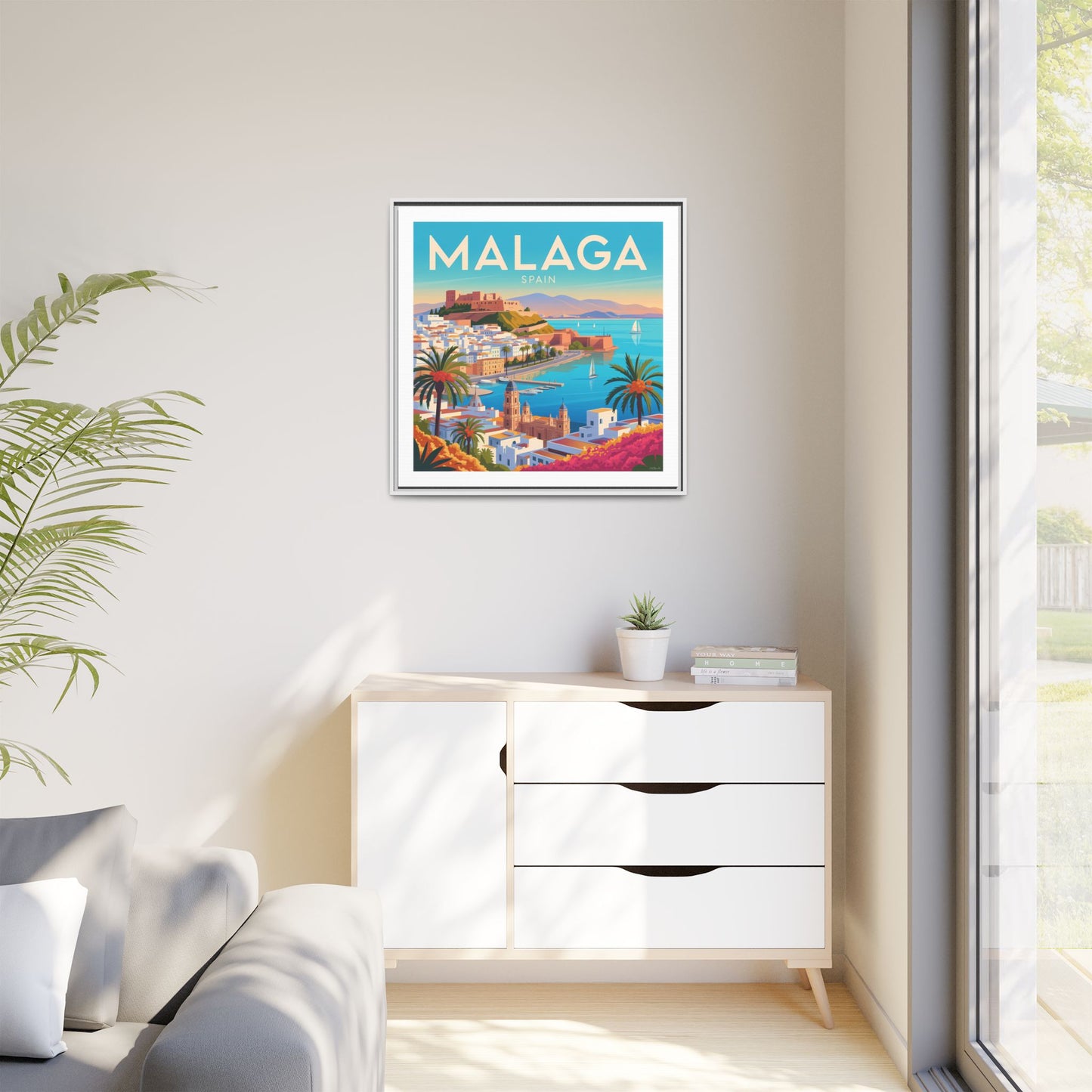 Malaga Spain Coastal  Matte Canvas Framed Wall Art| Vintage Style Travel Art