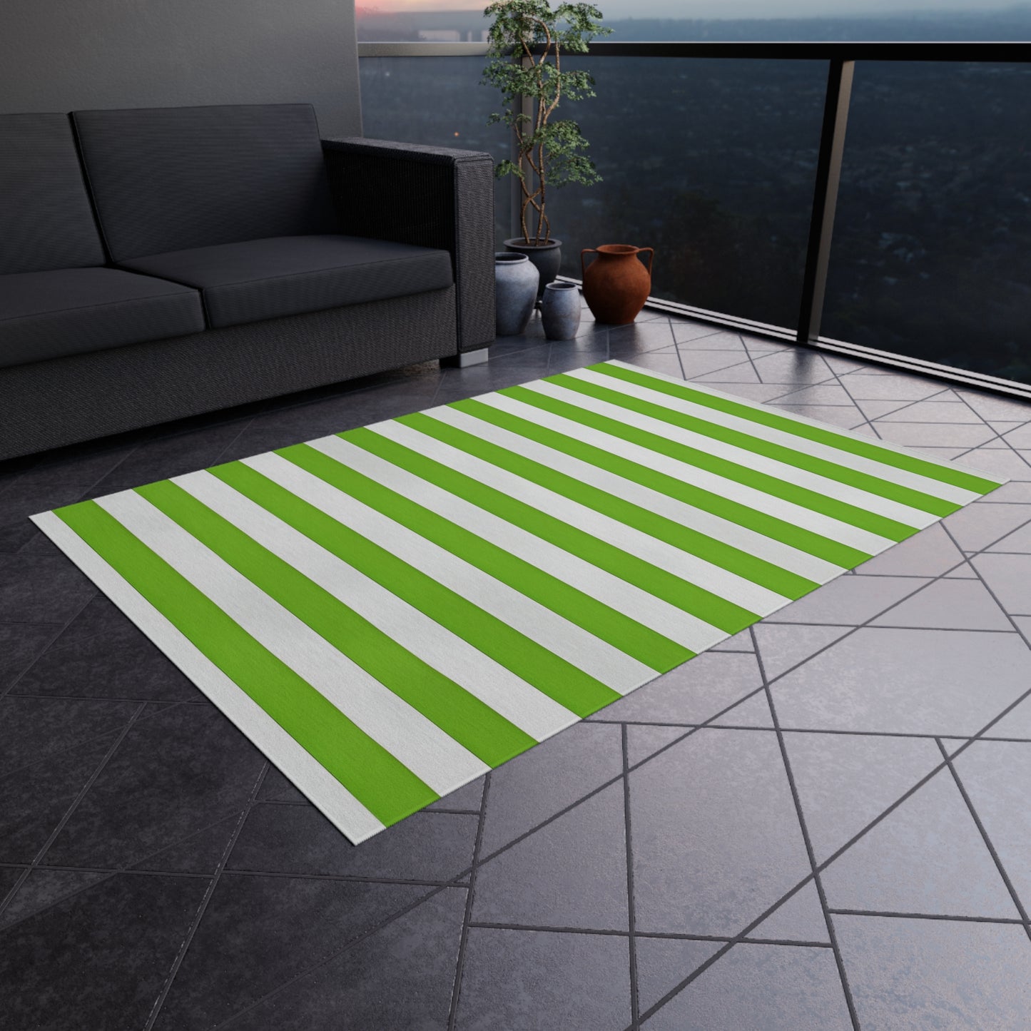 Green and White Striped Indoor/Outdoor Rug | Patio Mat, Weather-Resistant Flooring