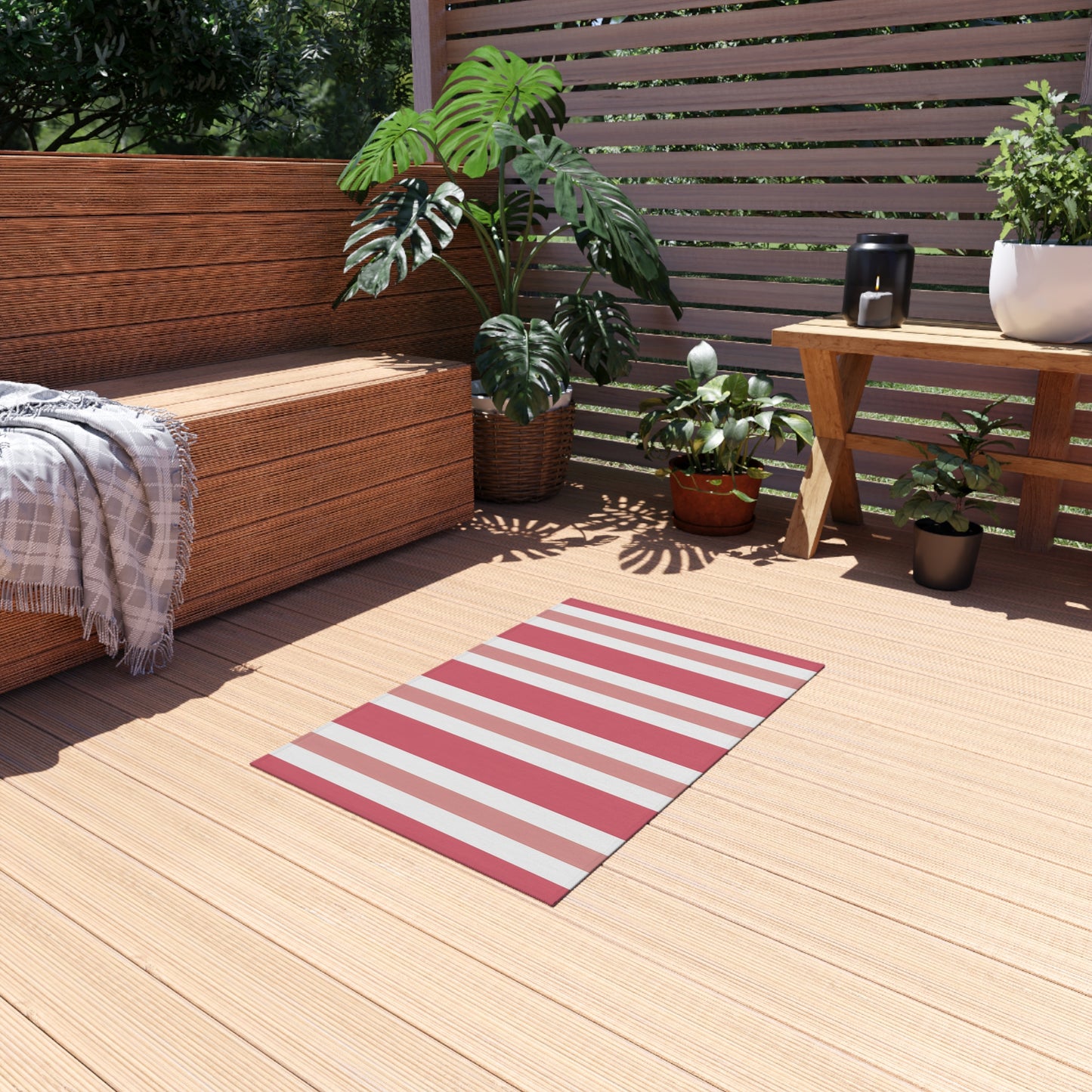Light Pink Medium Pink White Striped Outdoor/Indoor Rug | Patio Mat