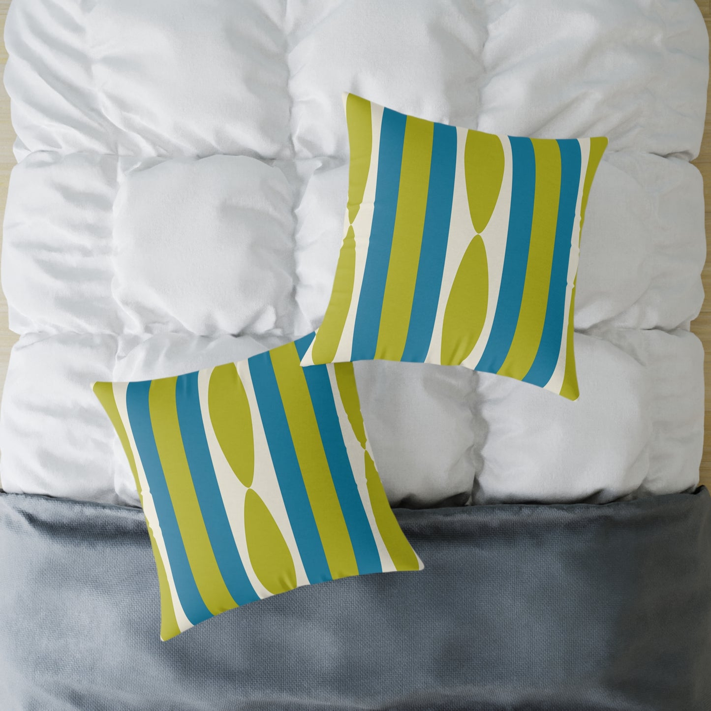 Mid Century Modern Stripe Pillow | Green and Cerulean Blue Geometric Retro Pattern