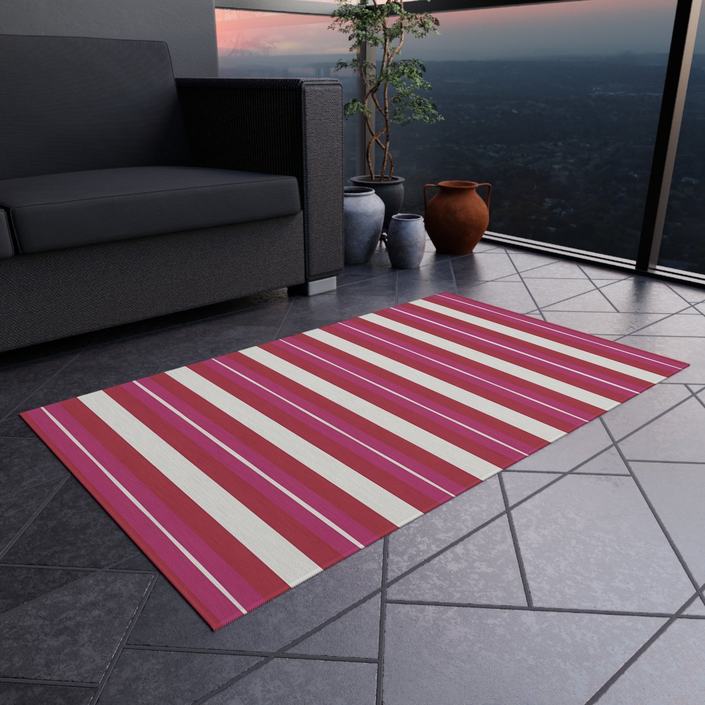 Red Pink White Stripe Outdoor Rug | Patio Floor Mat, Weatherproof Stripe Design