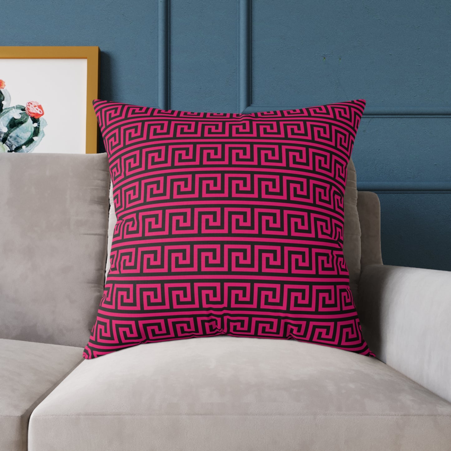 Greek Key Pattern Square Poly Canvas Pillow | Pink and Black Geometric Throw Pillow