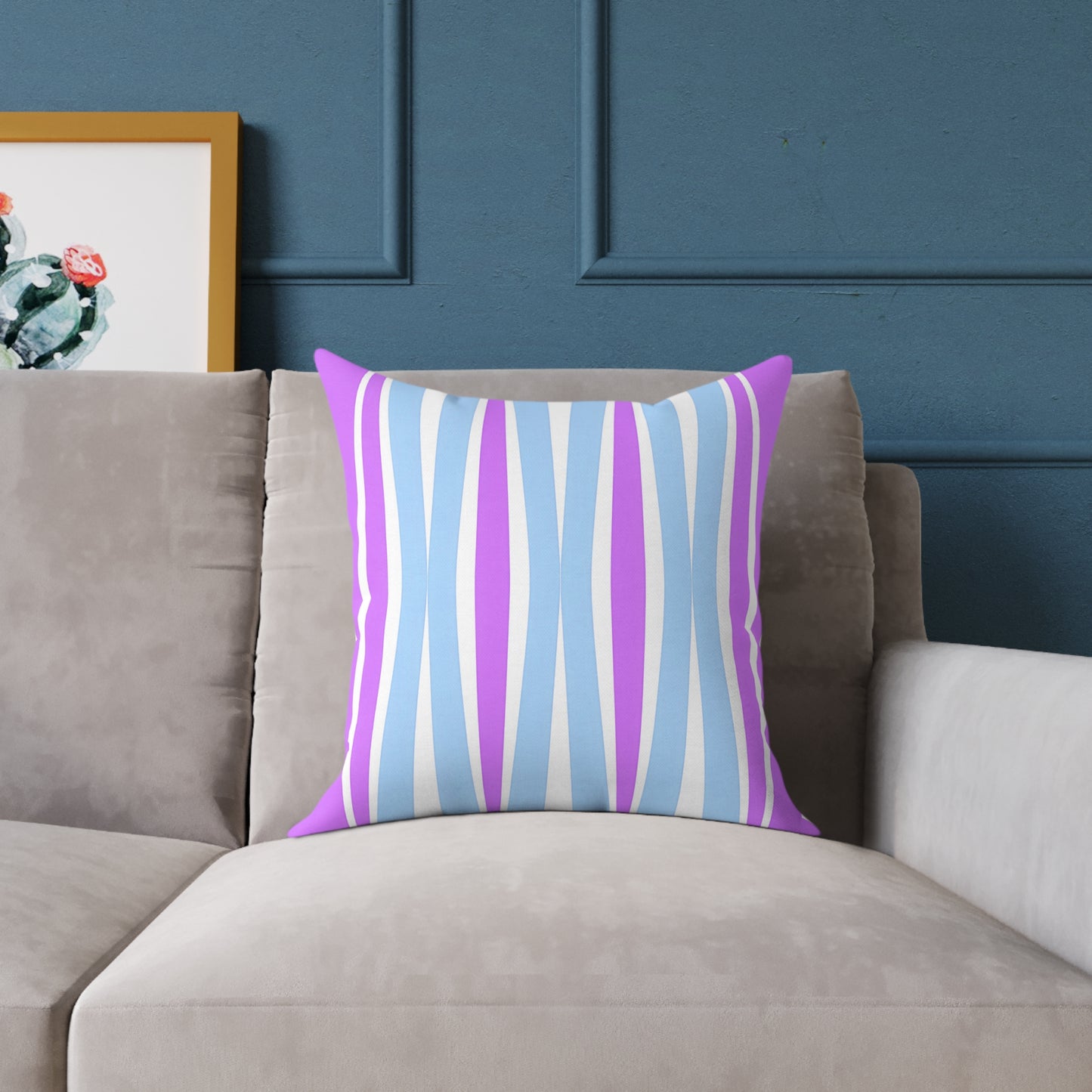 Pastel Wave Stripe Square Pillow | Blue Magenta Mid-Century Modern