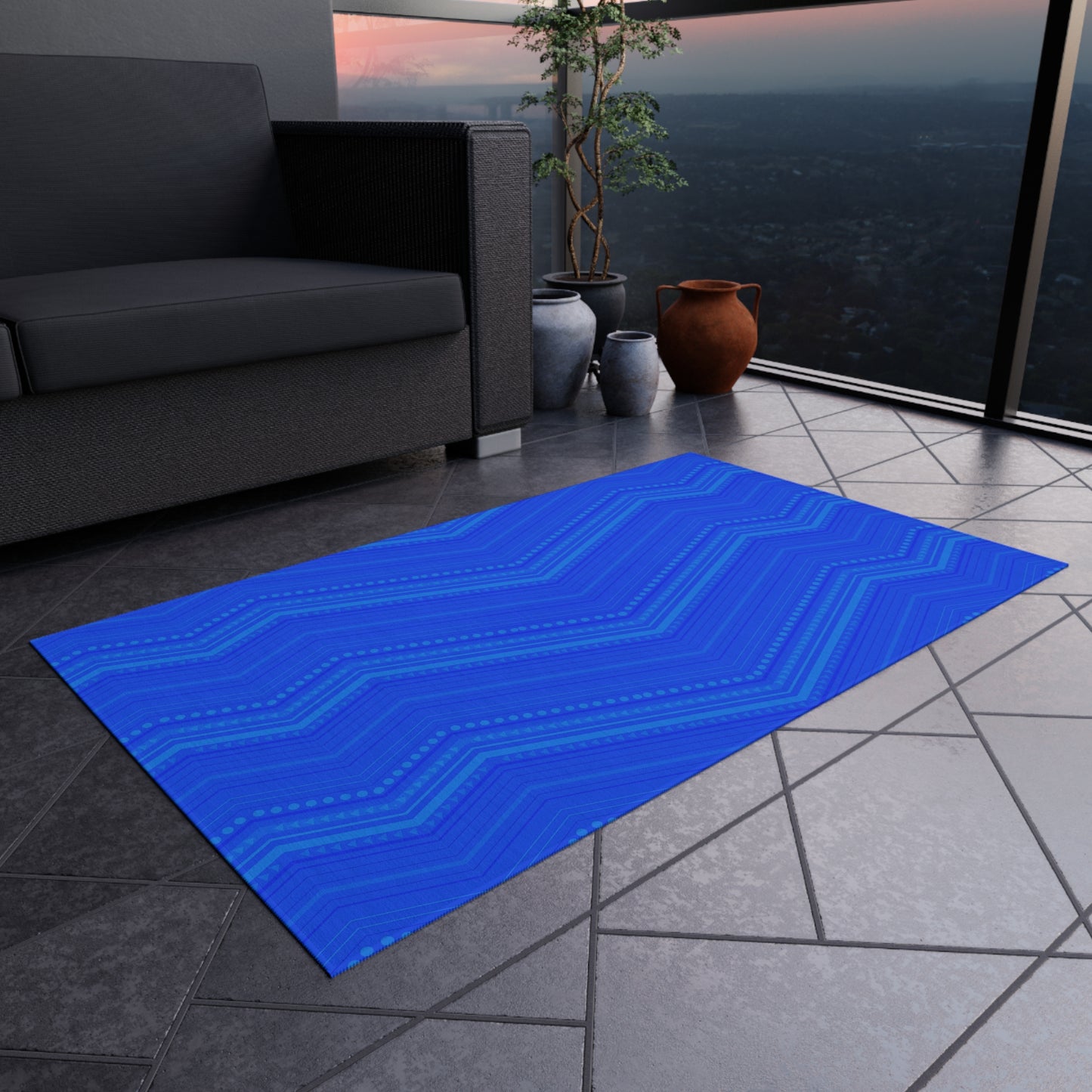 Blue Chevron Outdoor/Indoor Rug | Modern Patio Mat, Weather-Resistant