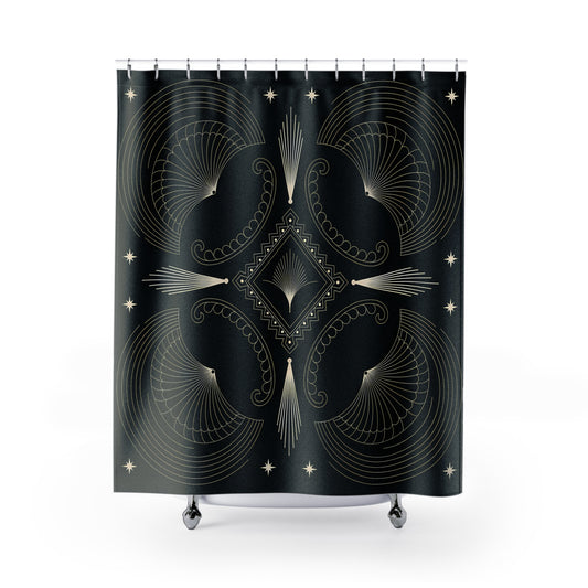 Art Deco Starburst Shower Curtain | Black White Geometric Bathroom
