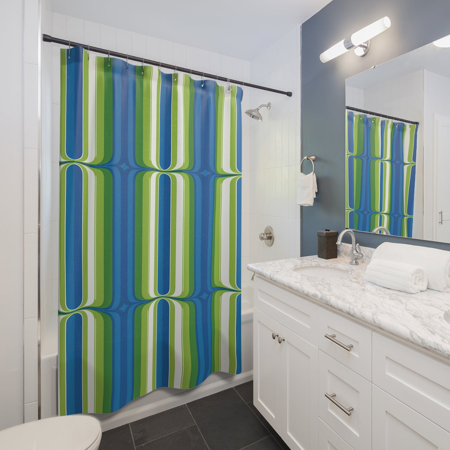 Retro Blue Green Geometric Shower Curtain | 70s Stripe Pattern