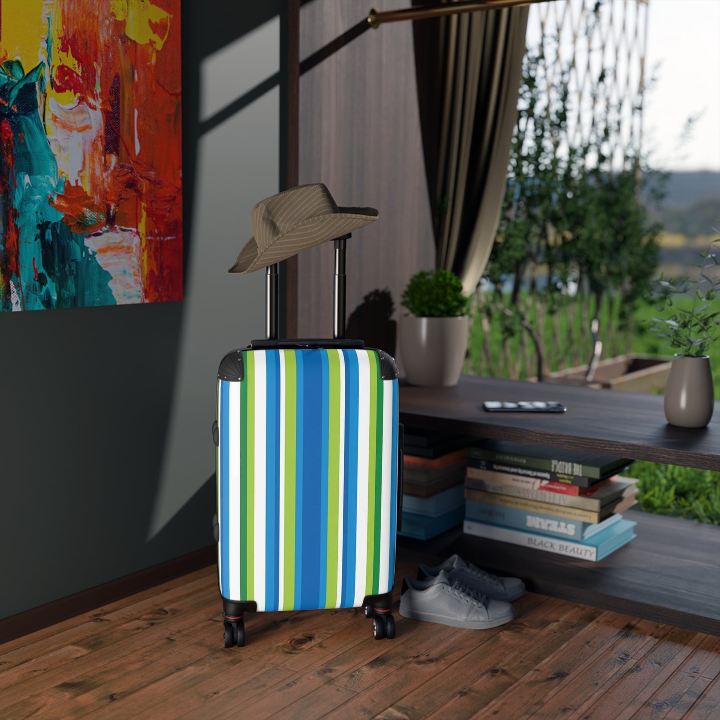 Blue Green Vertical Stripes Suitcase | Luggage Travel Accessory