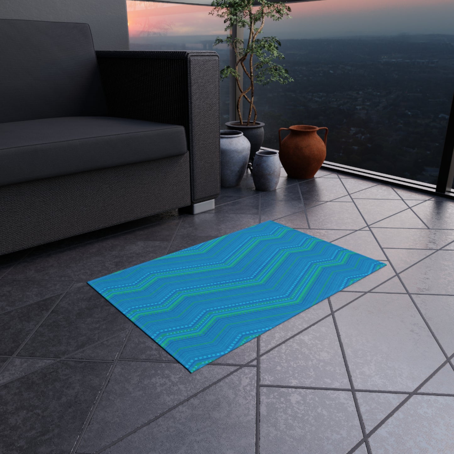 Blue Green Chevron Pattern Outdoor/Indoor Rug | Striped Zigzag Patio Mat