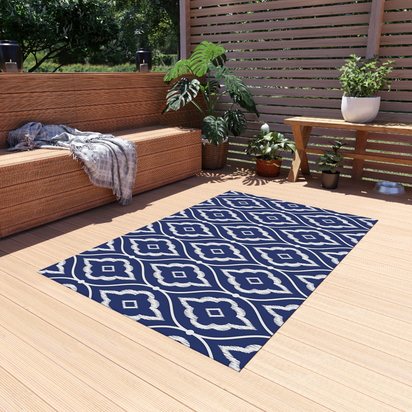 Navy White Ikat Geometric Outdoor/Indoor Rug | Patio Mat
