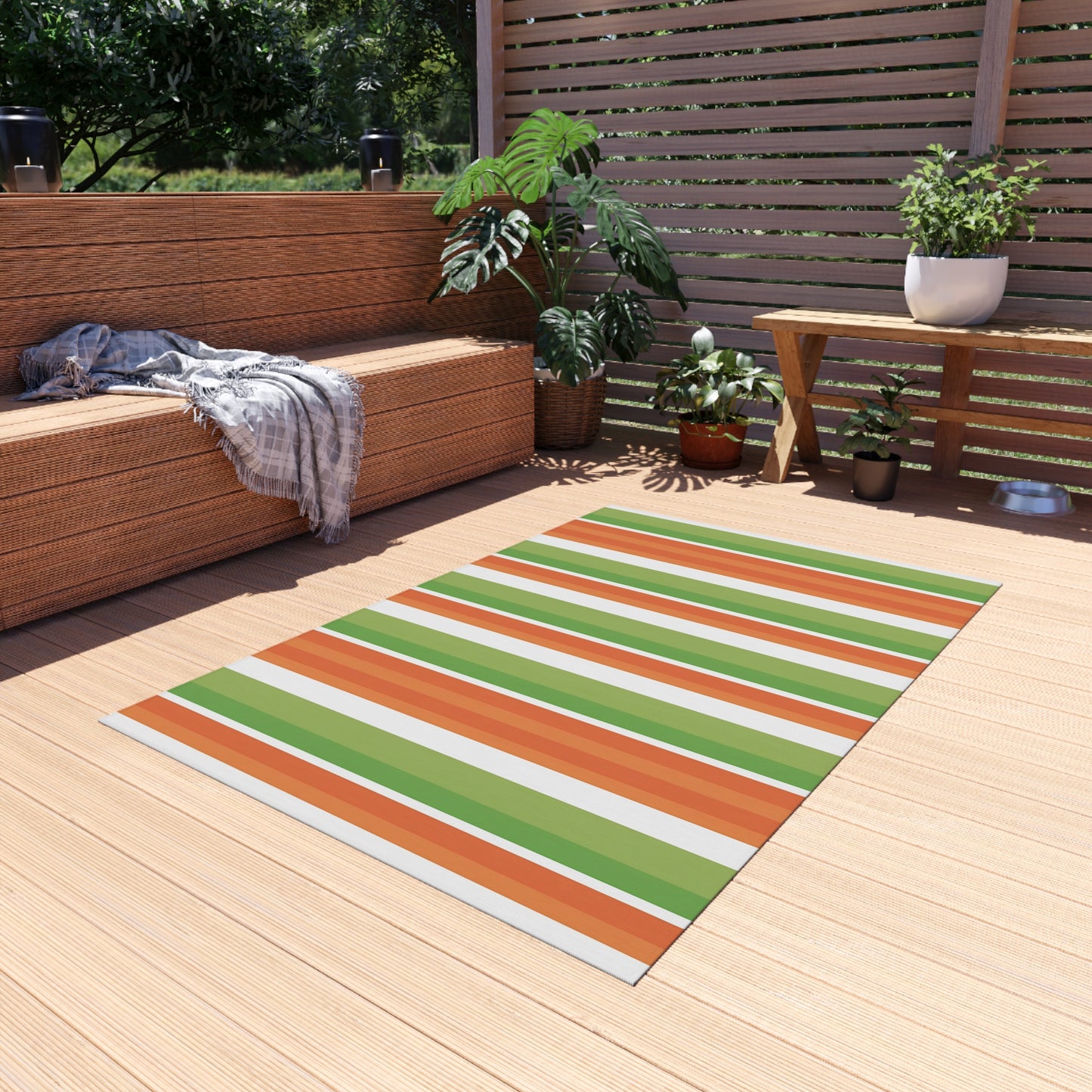Green Orange White Stripe Outdoor/Indoor Rug | Patio Mat, Weather-Resistant
