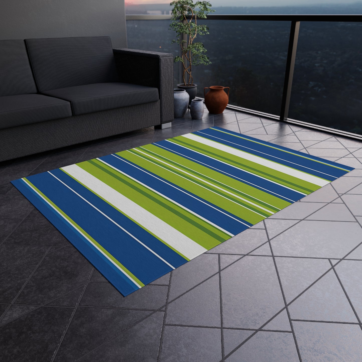 Blue Green Stripe Outdoor/Indoor Rug | Patio Mat, Weatherproof Outdoor Rug