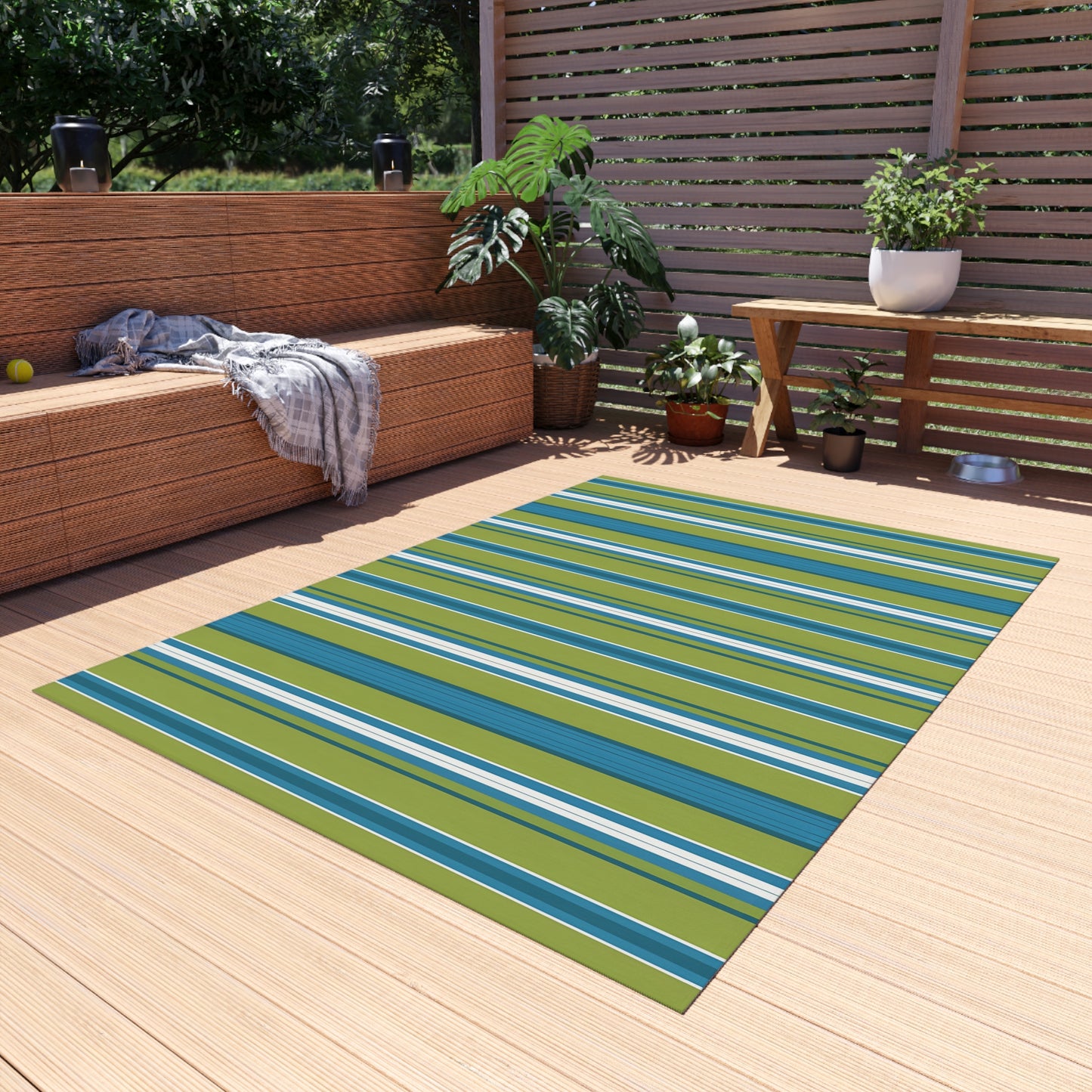 Blue Green White Stripe Outdoor/Indoor Rug | Patio Deck Mat