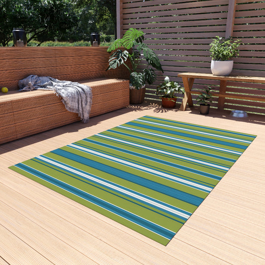 Blue Green White Stripe Outdoor/Indoor Rug | Patio Deck Mat