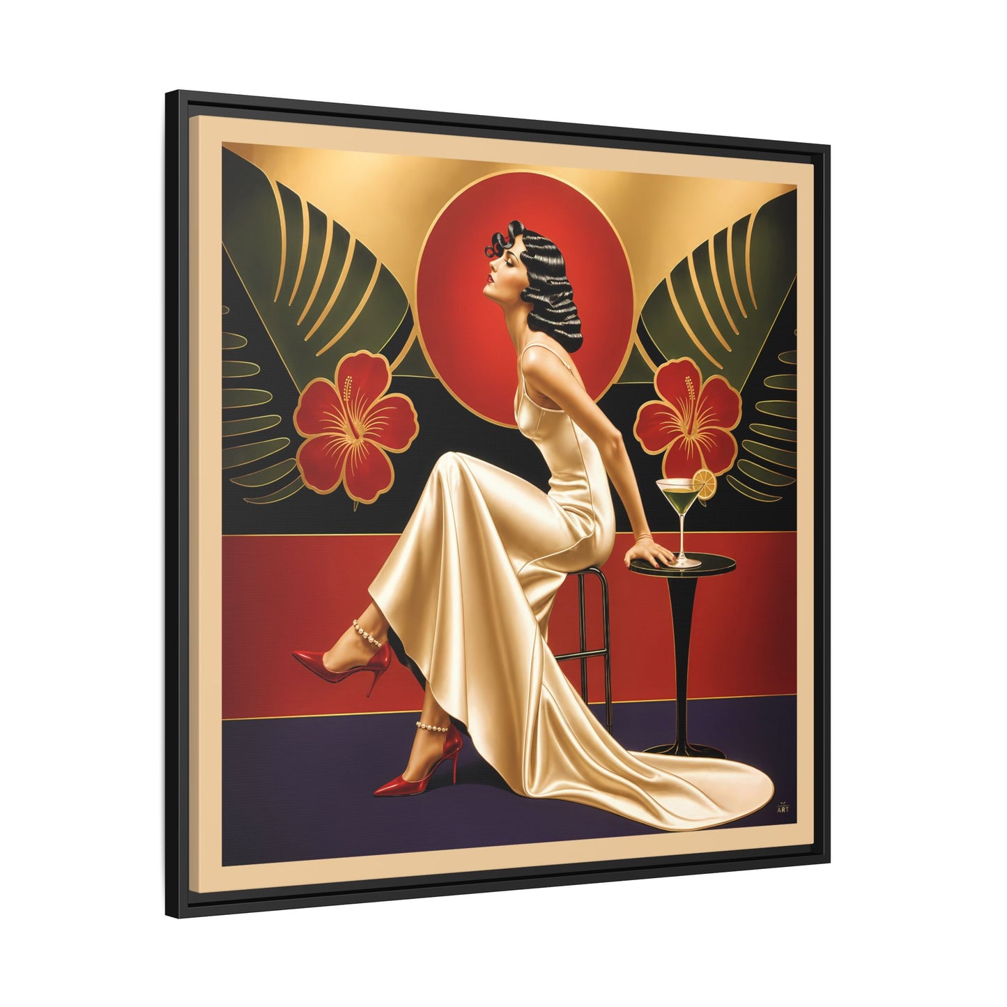 Art Deco Lady Red Green Beige Tropical Canvas Framed Wall Art | Matte Print