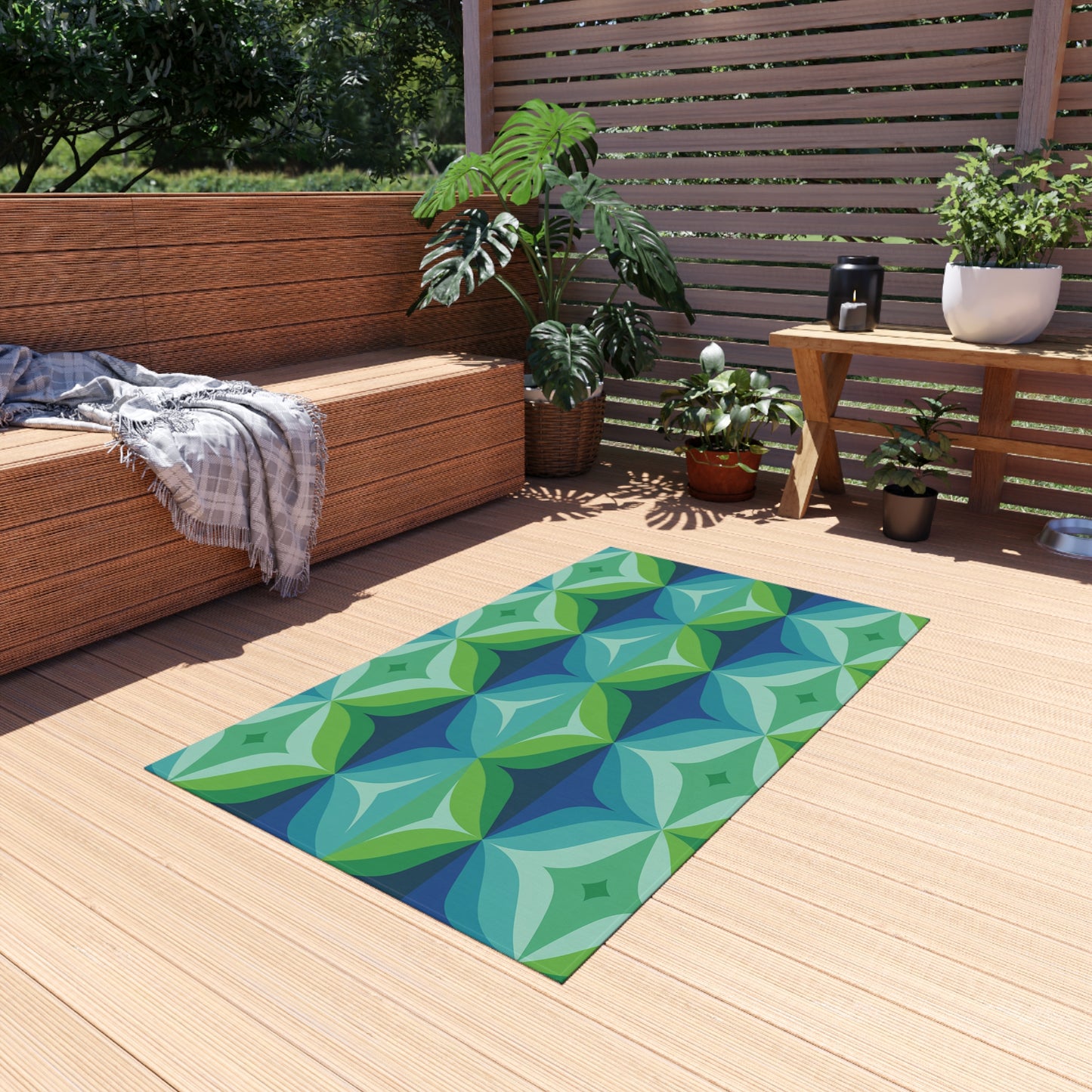 Geometric Leaf Pattern Outdoor/Indoor Rug | Blue Green Patio Mat