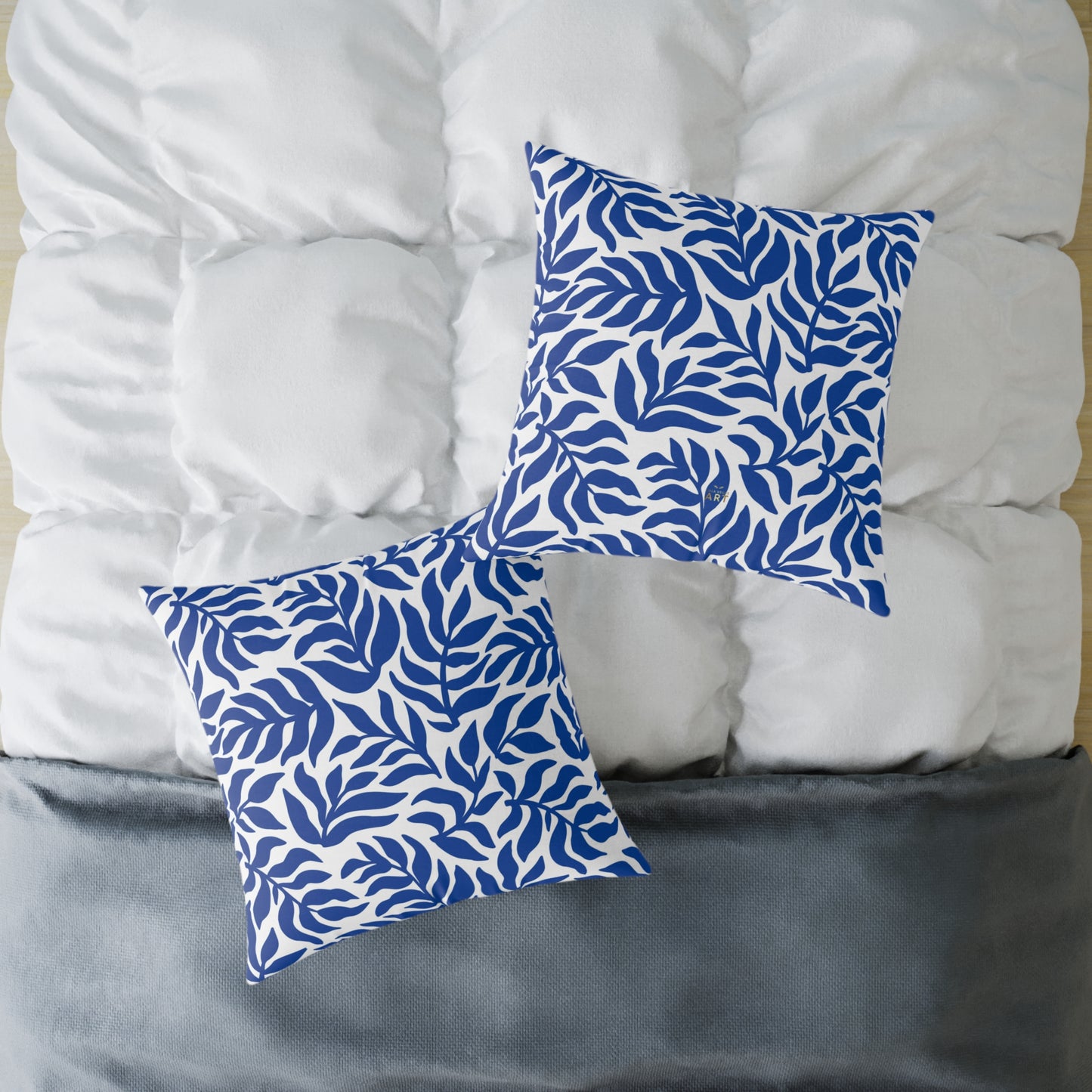 Blue White Leaf Pattern Square Pillow | Botanical Throw Pillow