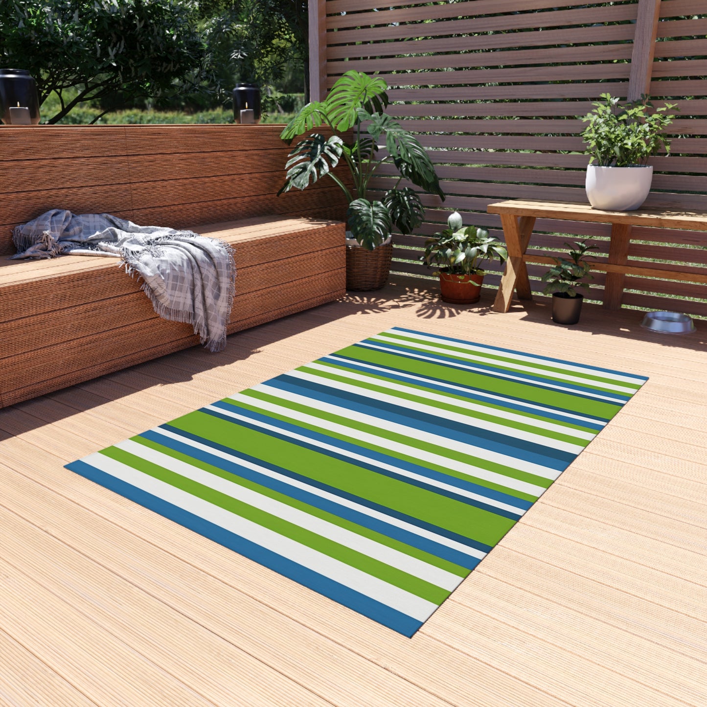 Blue Green Stripe Outdoor/Indoor Rug | Patio Mat, Deck Striped Rug