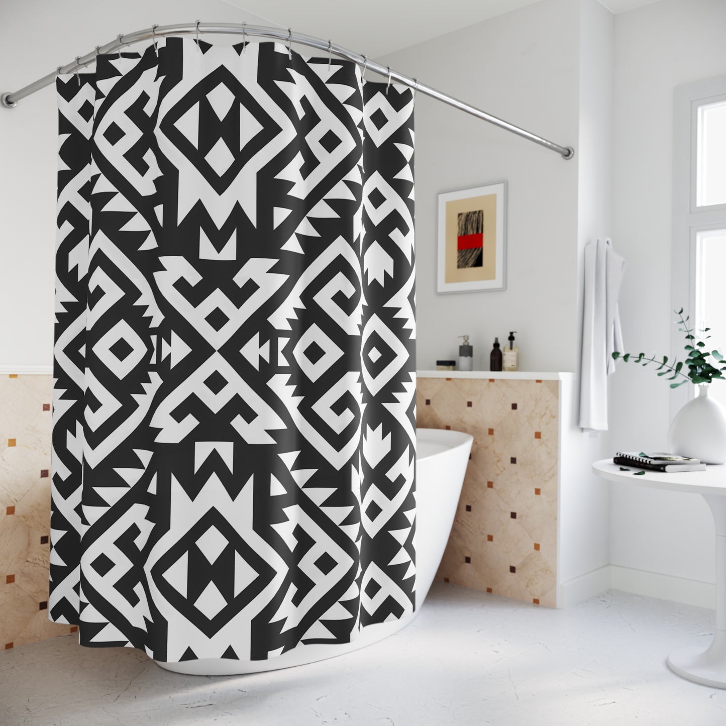 Black White Aztec Boho Geometric Shower Curtain | Tribal Pattern Bathroom