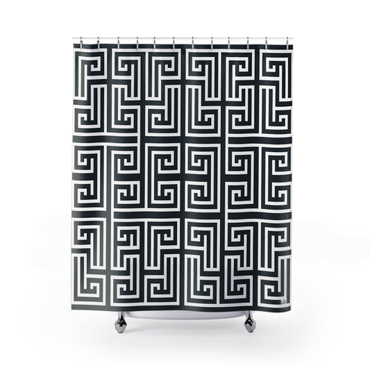 Greek Key Geometric Shower Curtain | Black White Maze Pattern