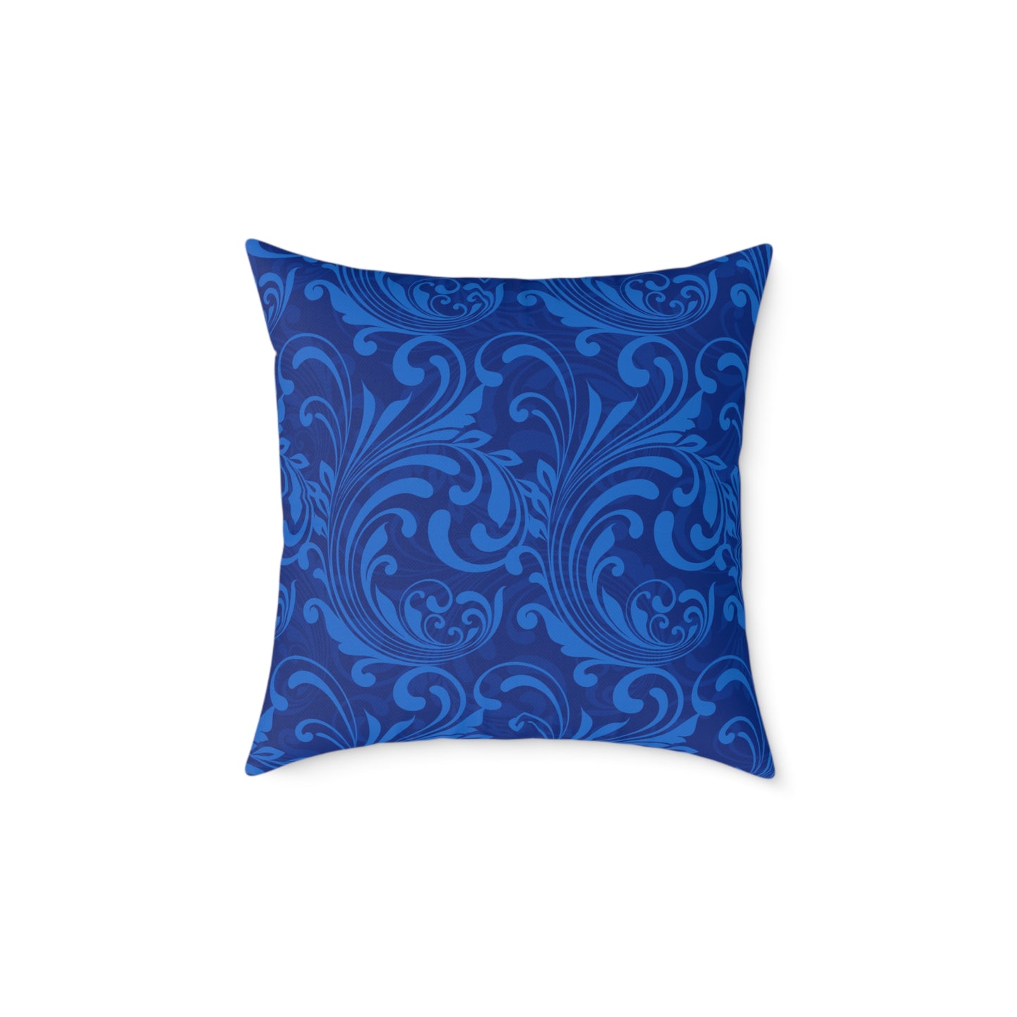 Blue Damask Scroll Pattern Square Pillow | Ornamental Floral Throw Pillow