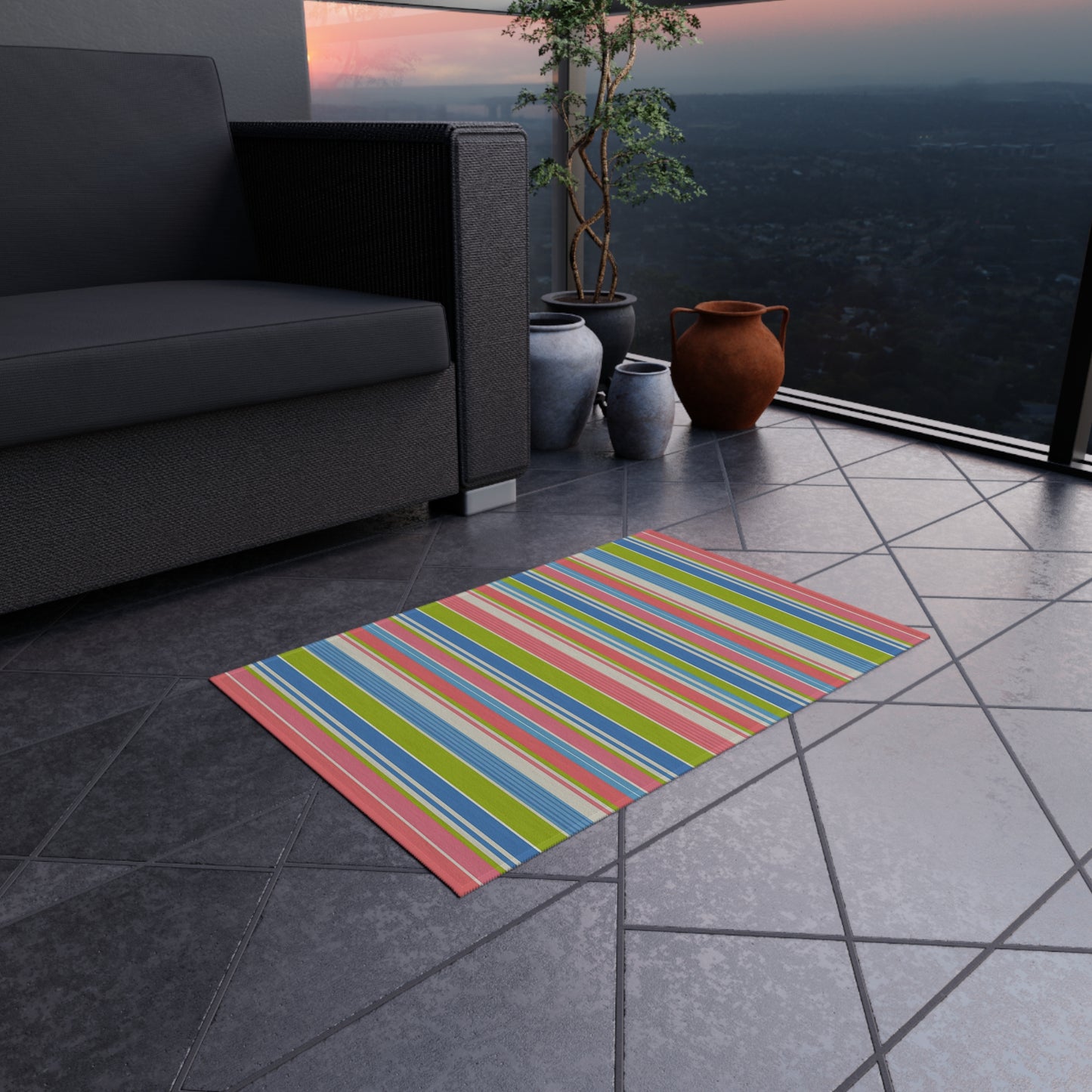Colorful Striped Outdoor/Indoor Rug | Patio Mat, Weather-Resistant Stripe Design