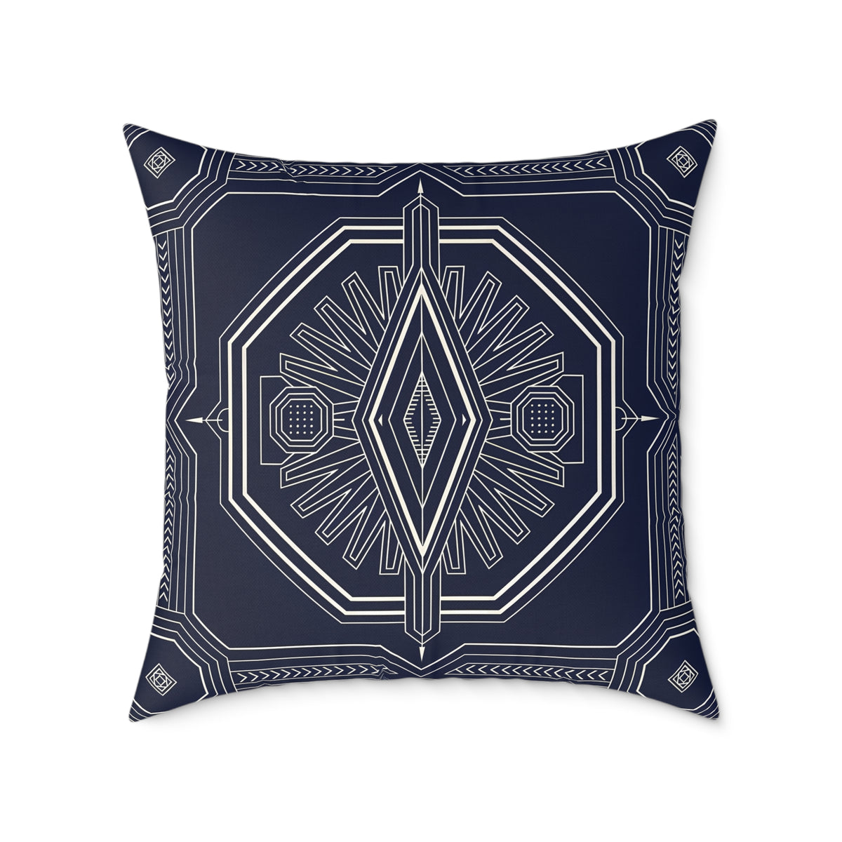 Navy White Geometric Mandala Square Pillow | Tribal Diamond Pattern