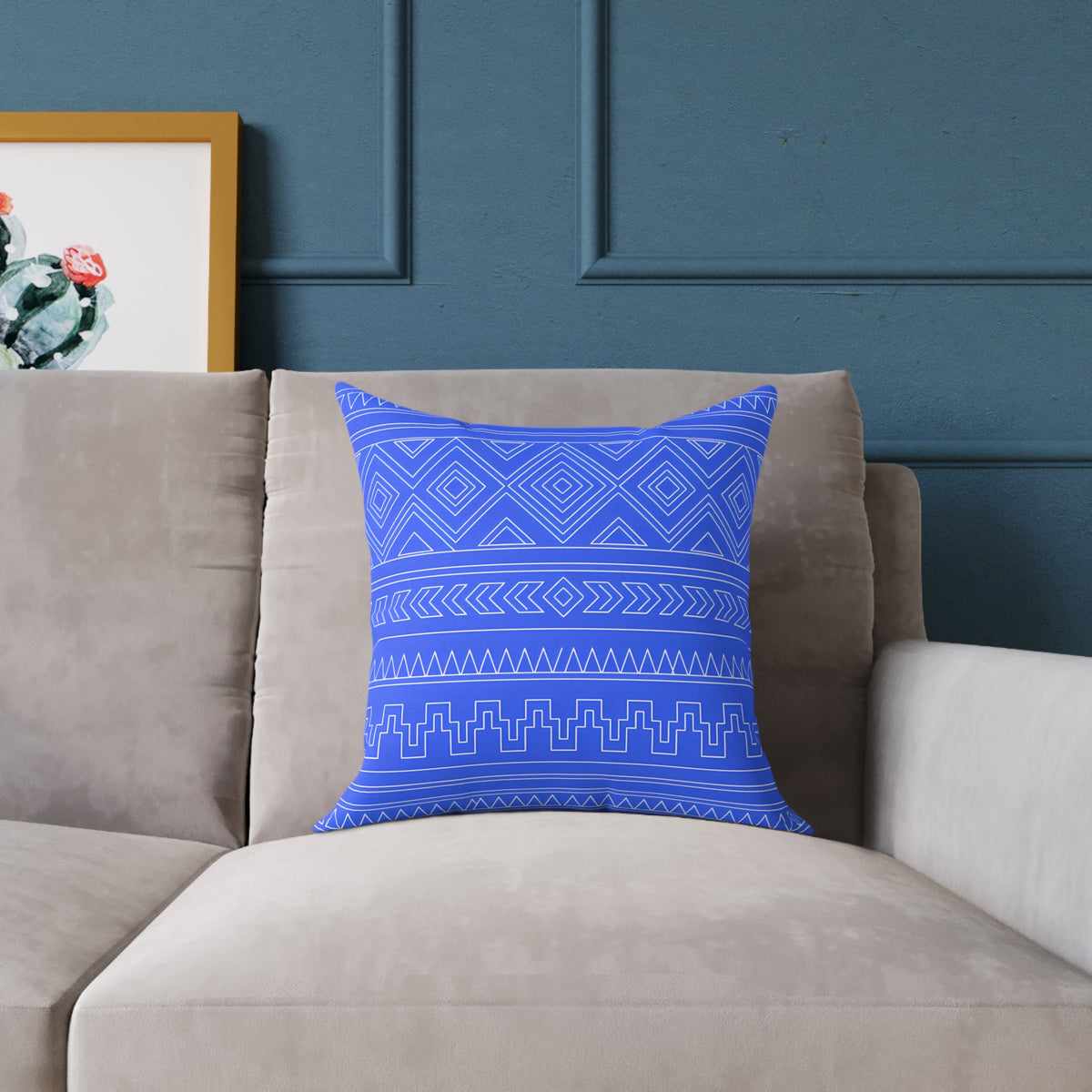 Blue Aztec Pattern Square Pillow | Geometric Tribal Throw Pillow