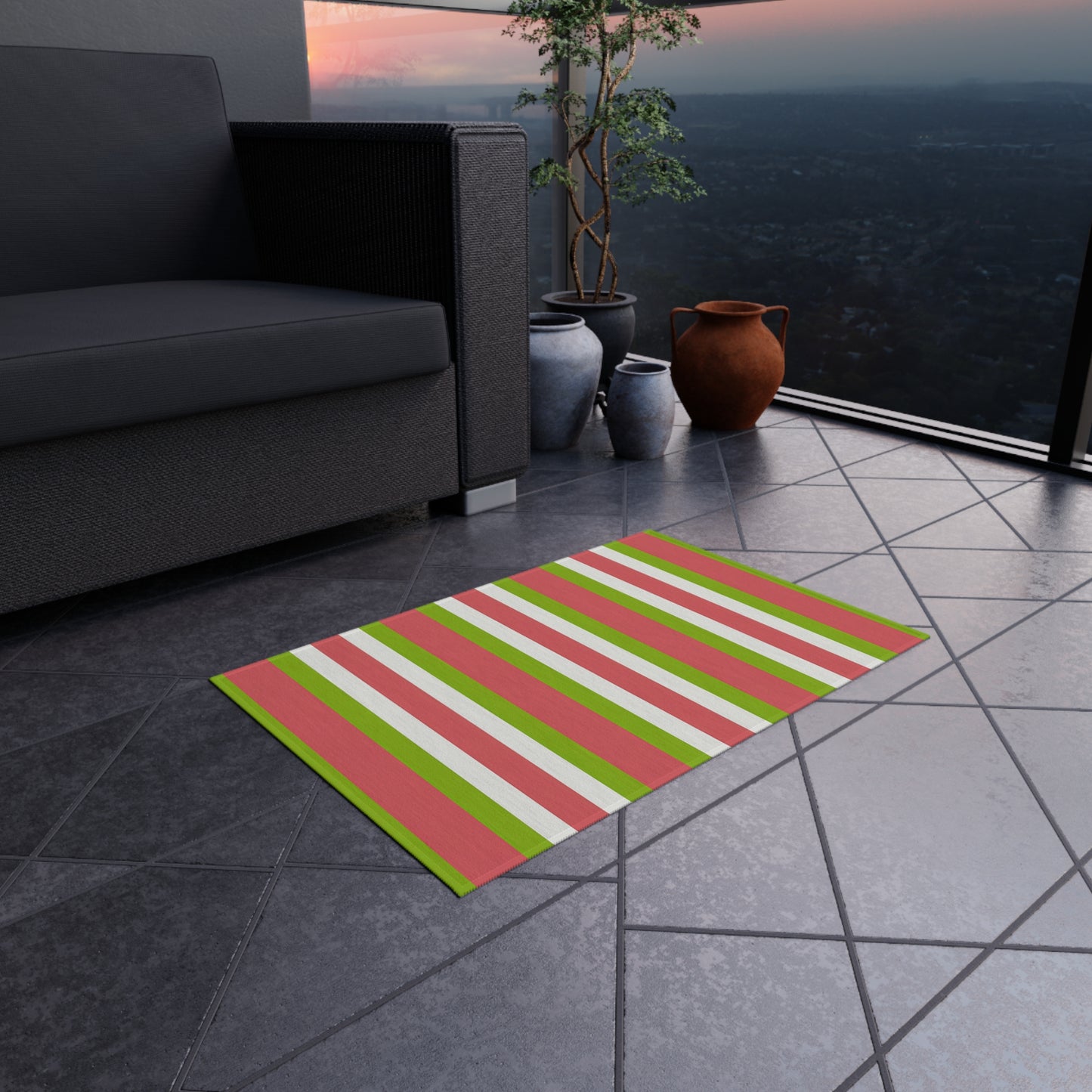 Striped Medium Pink Green White Outdoor/Indoor Rug | Patio Deck Mat
