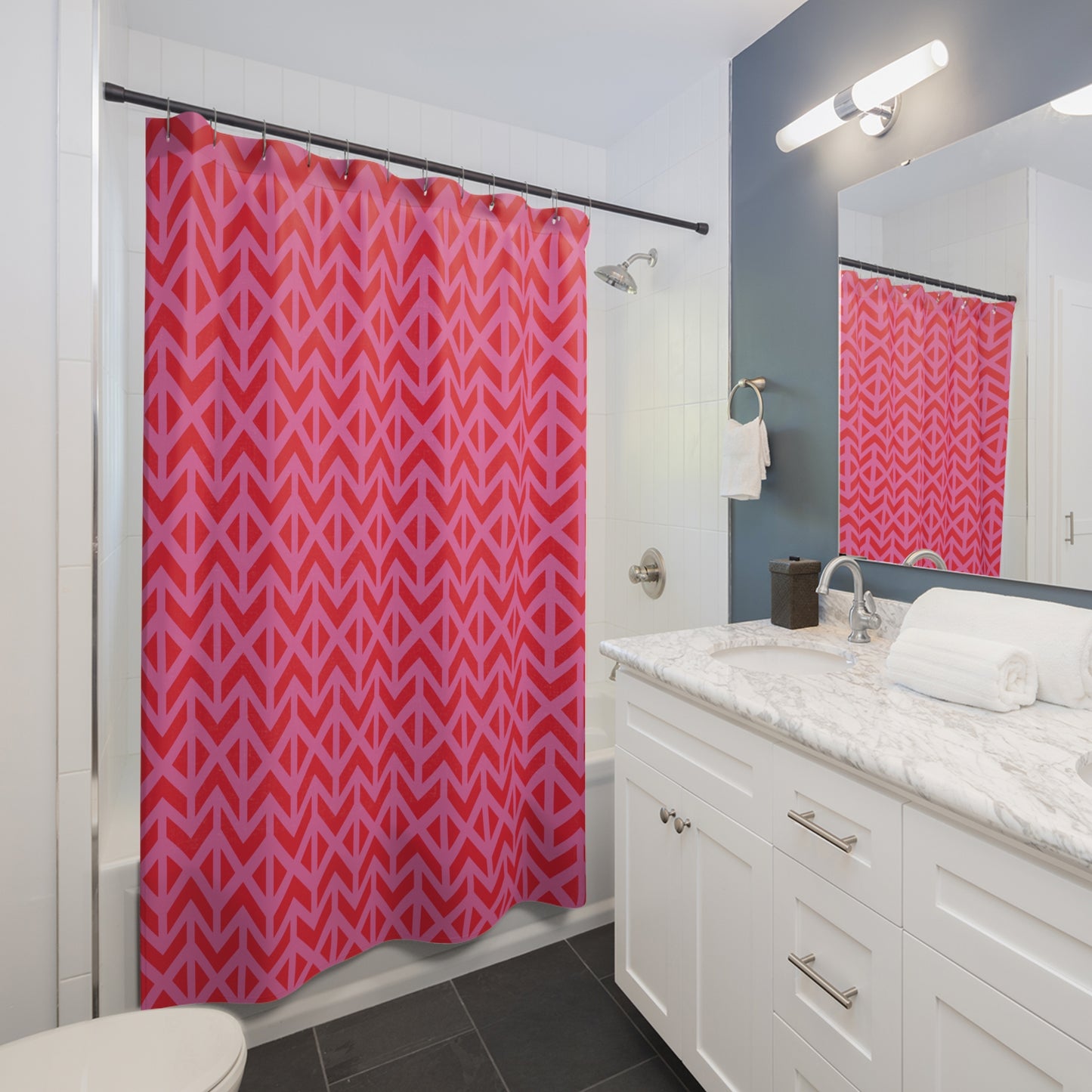 Red Pink Geometric Chevron Shower Curtain | Modern Bathroom Pattern