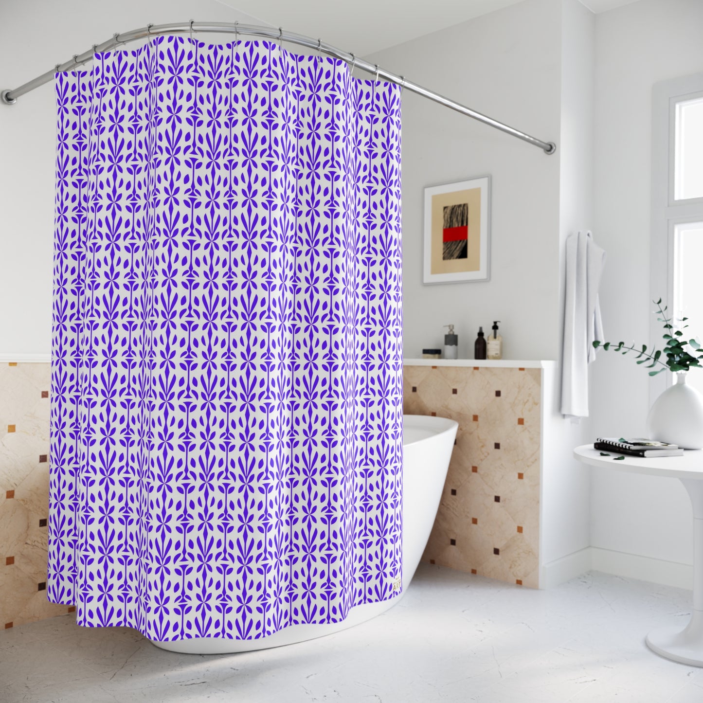 Purple Floral Pattern Shower Curtain | Geometric Repeat Pattern, Fresh Home Decor