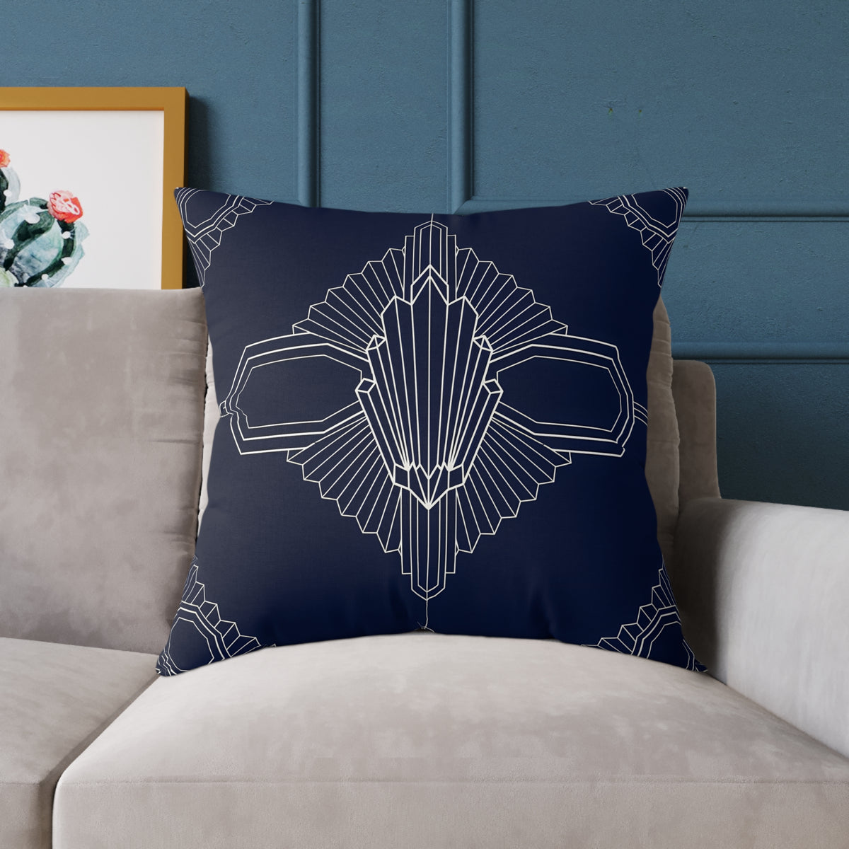 Art Deco Geometric Pattern Square Pillow | Navy White Canvas Throw Pillow