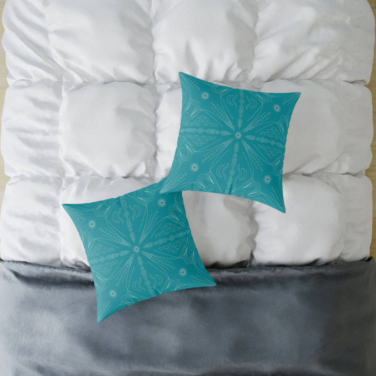 Teal Mandala Pattern Square Poly Canvas Pillow | Boho Decorative Throw Pillow