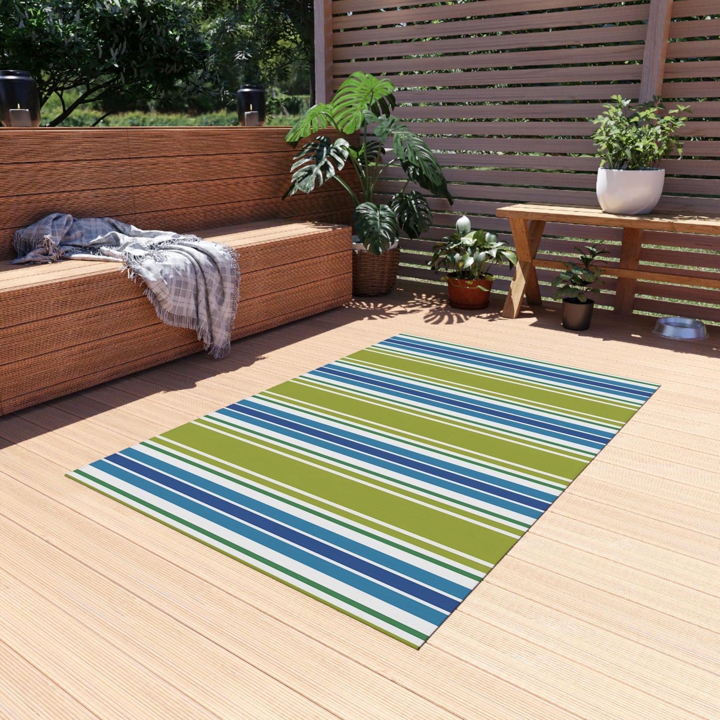 Blue Green White Striped Outdoor Rug | Outdoor Rug