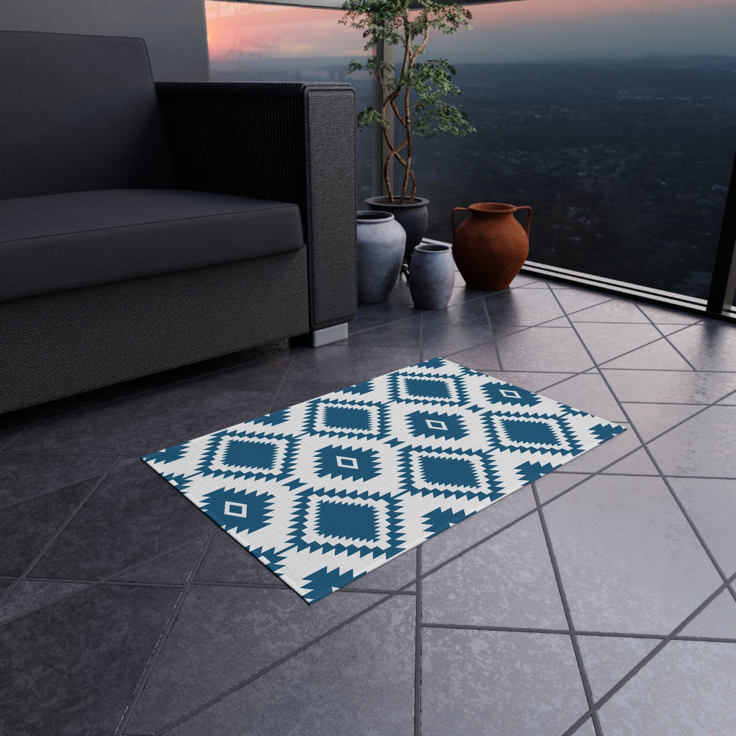 Blue White Aztec Diamond Outdoor/Indoor Rug | Geometric Patio Mat