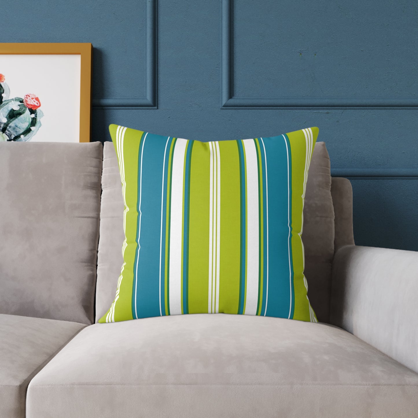 Cerulean Blue Lime Green White Stripe Throw Pillow | Square Poly Canvas Coastal