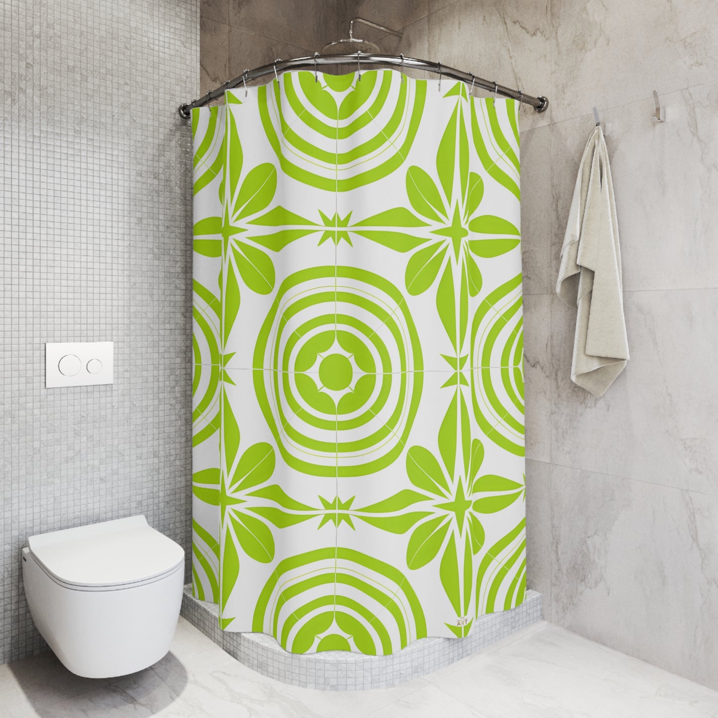 Green Retro Floral Pattern Shower Curtain | Mid Century Circles