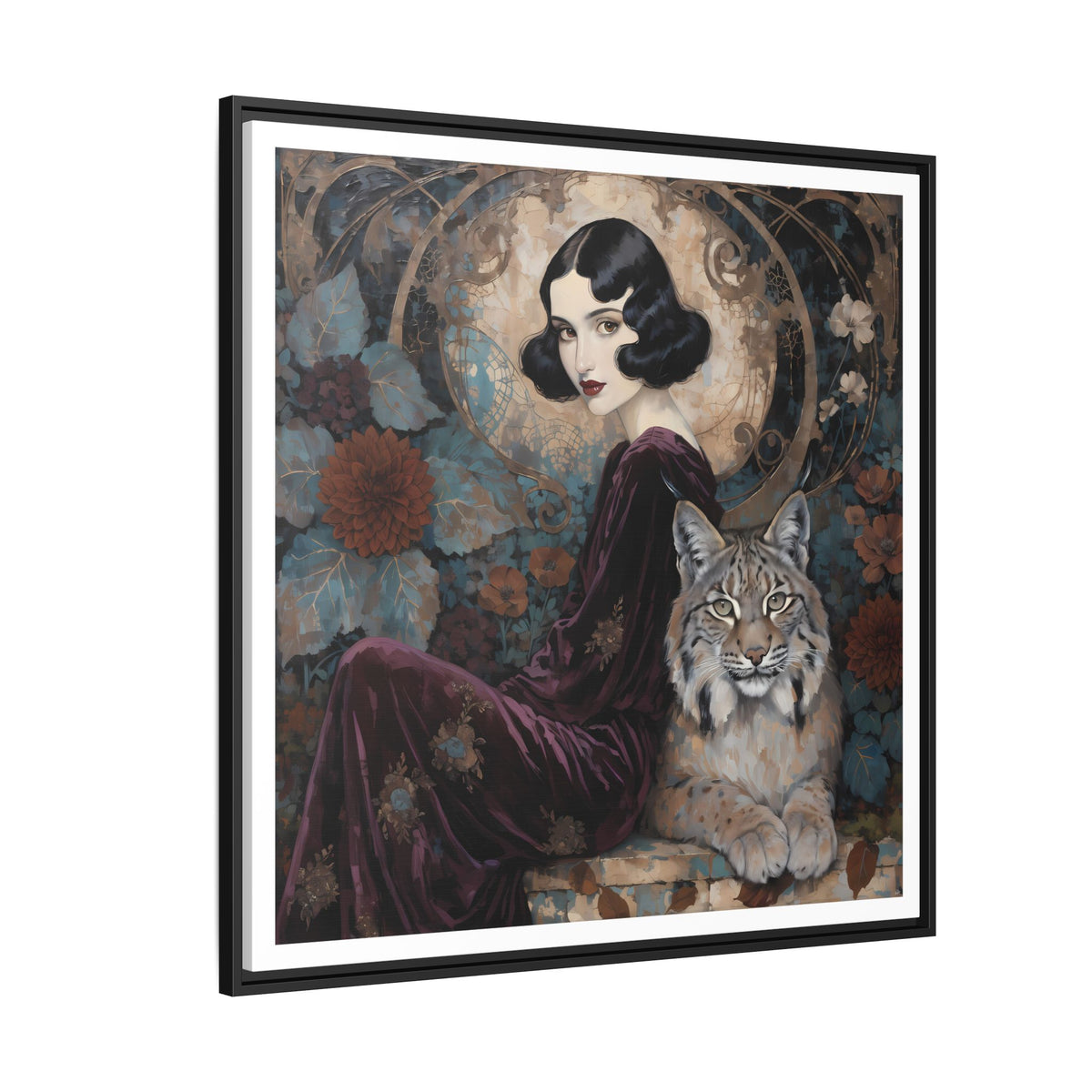 Vintage Flapper Woman with Lynx Matte Canvas Framed