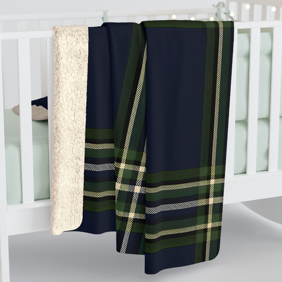 Navy Green Yellow White Tartan Plaid Sherpa Blanket | Cozy Fleece Throw