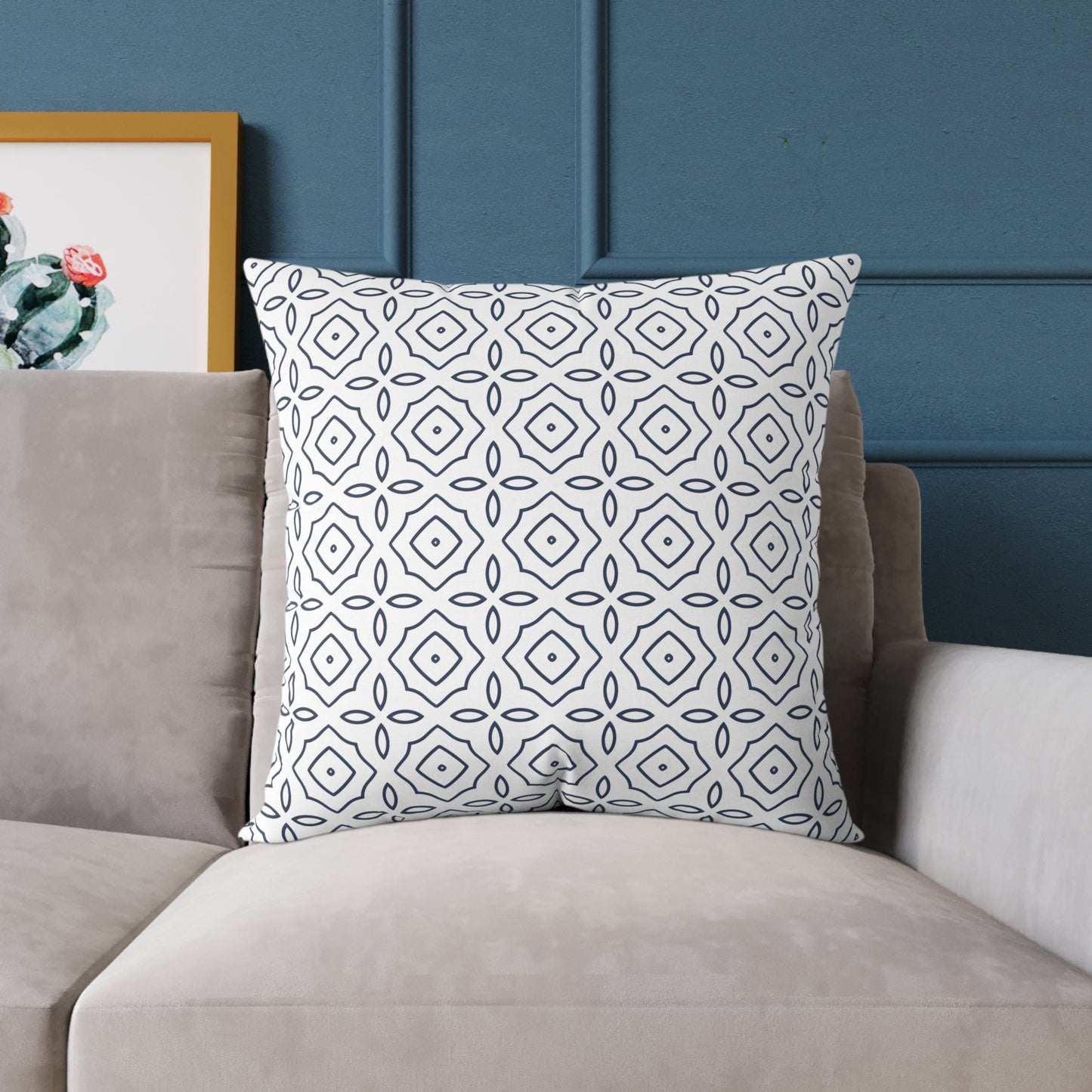 Geometric Tile Pattern Square Pillow | Blue White Moroccan Motif, Decorative Cushion, Home Decor Accent, Gift for Housewarming, Sofa Decor