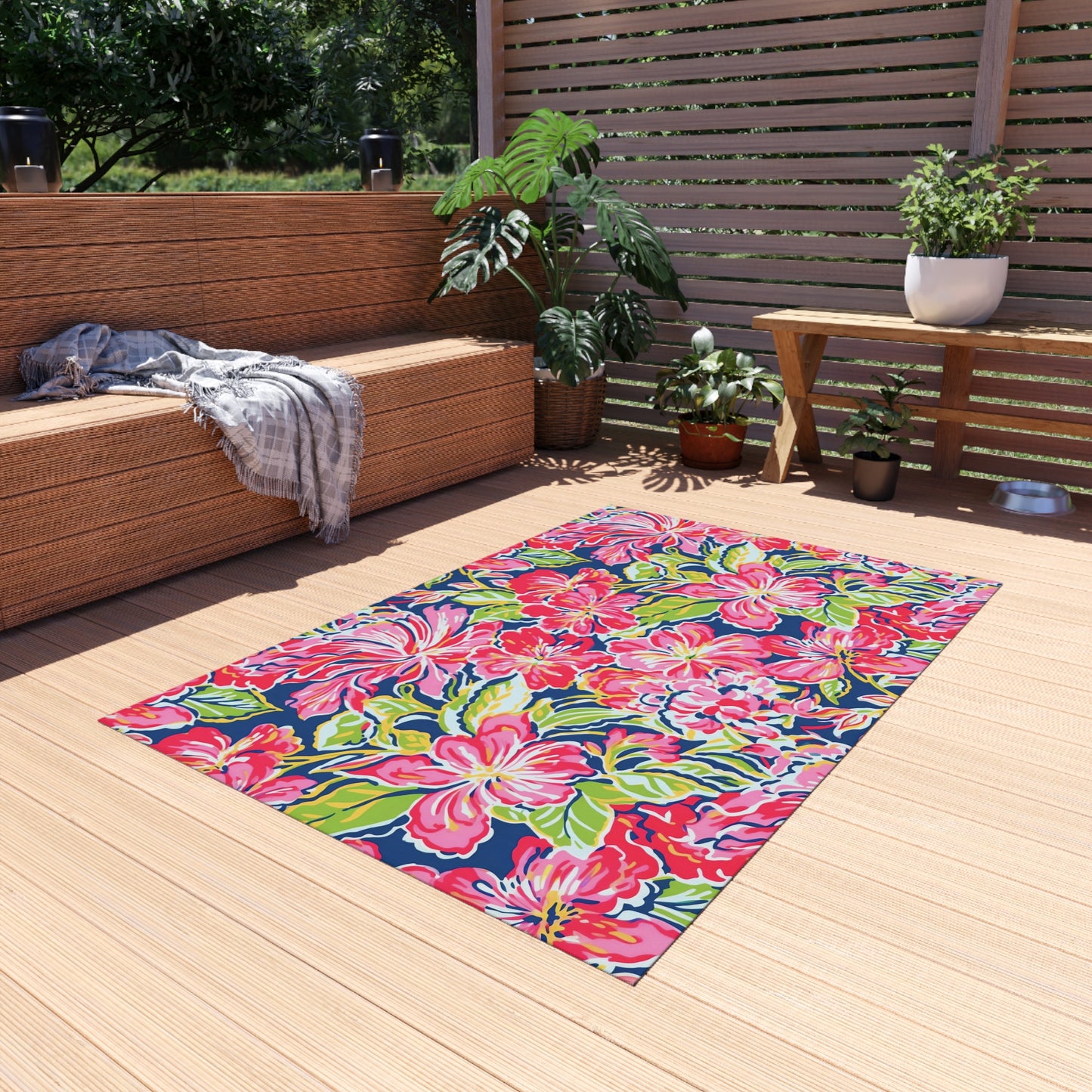 Pink Tropical Floral Indoor/Outdoor Rug | Hibiscus Pattern Patio Mat