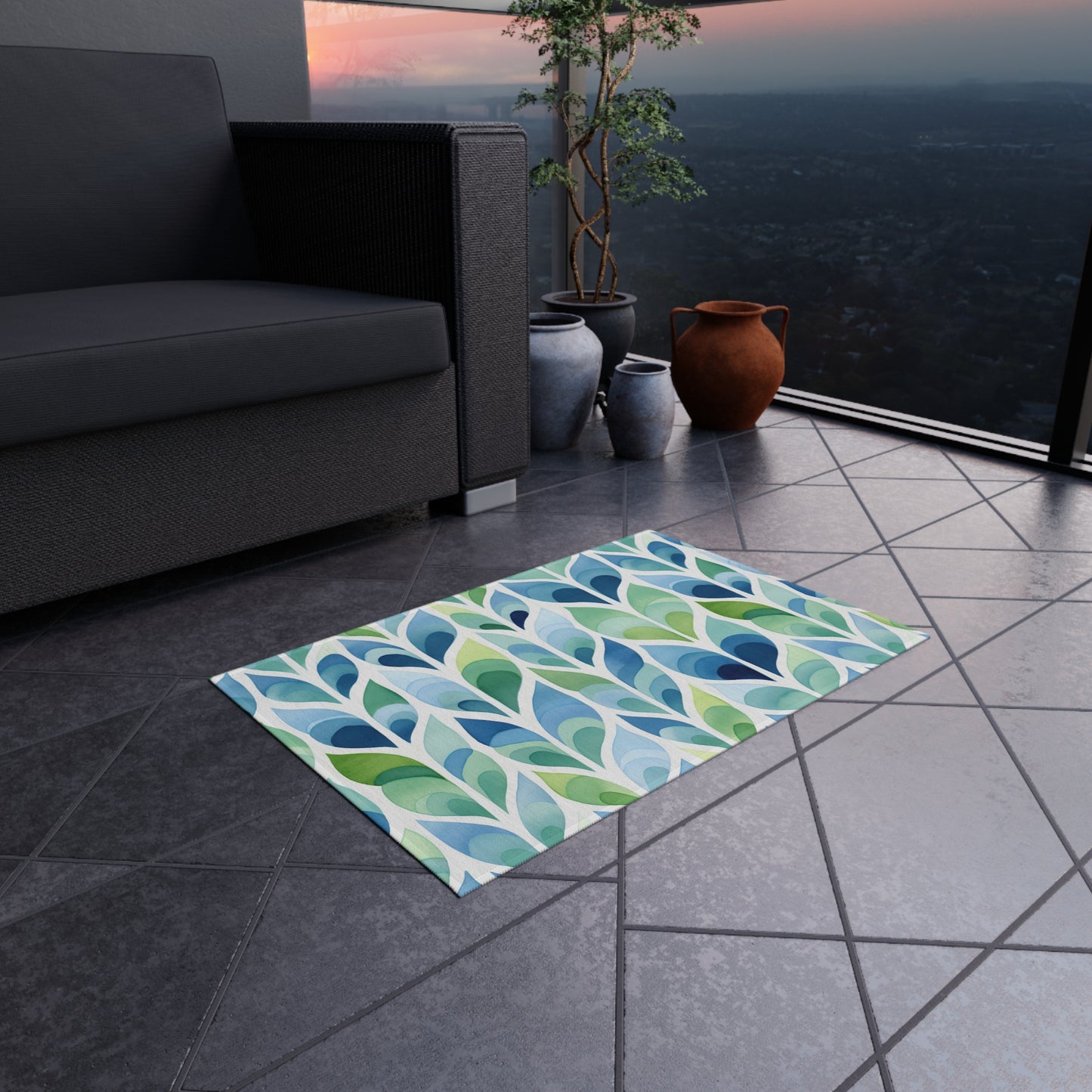 Blue Green Leaf Pattern Outdoor/Indoor Rug | Patio Mat