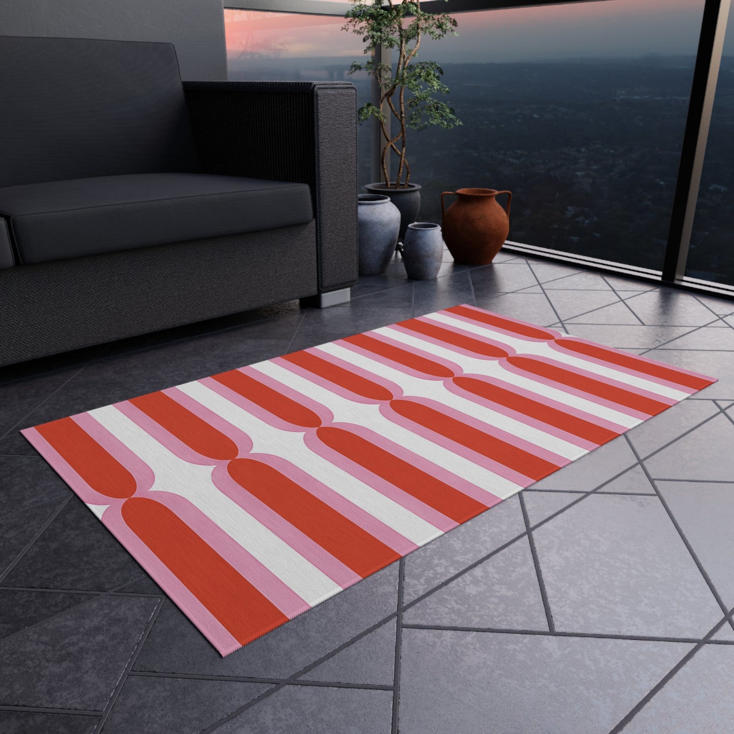 Retro Pink Orange White Stripe Outdoor/Indoor Rug | Geometric Patio Mat
