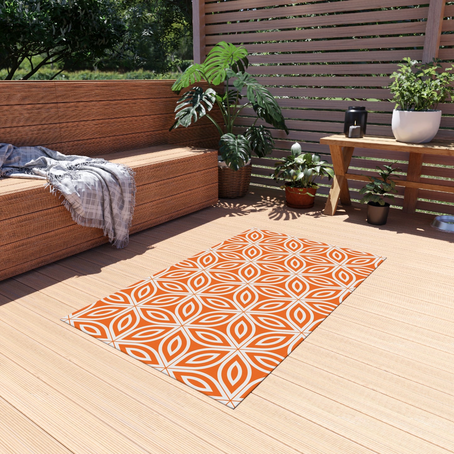Geometric Floral Tile Outdoor/Indoor Rug | Orange Patterned Patio Mat