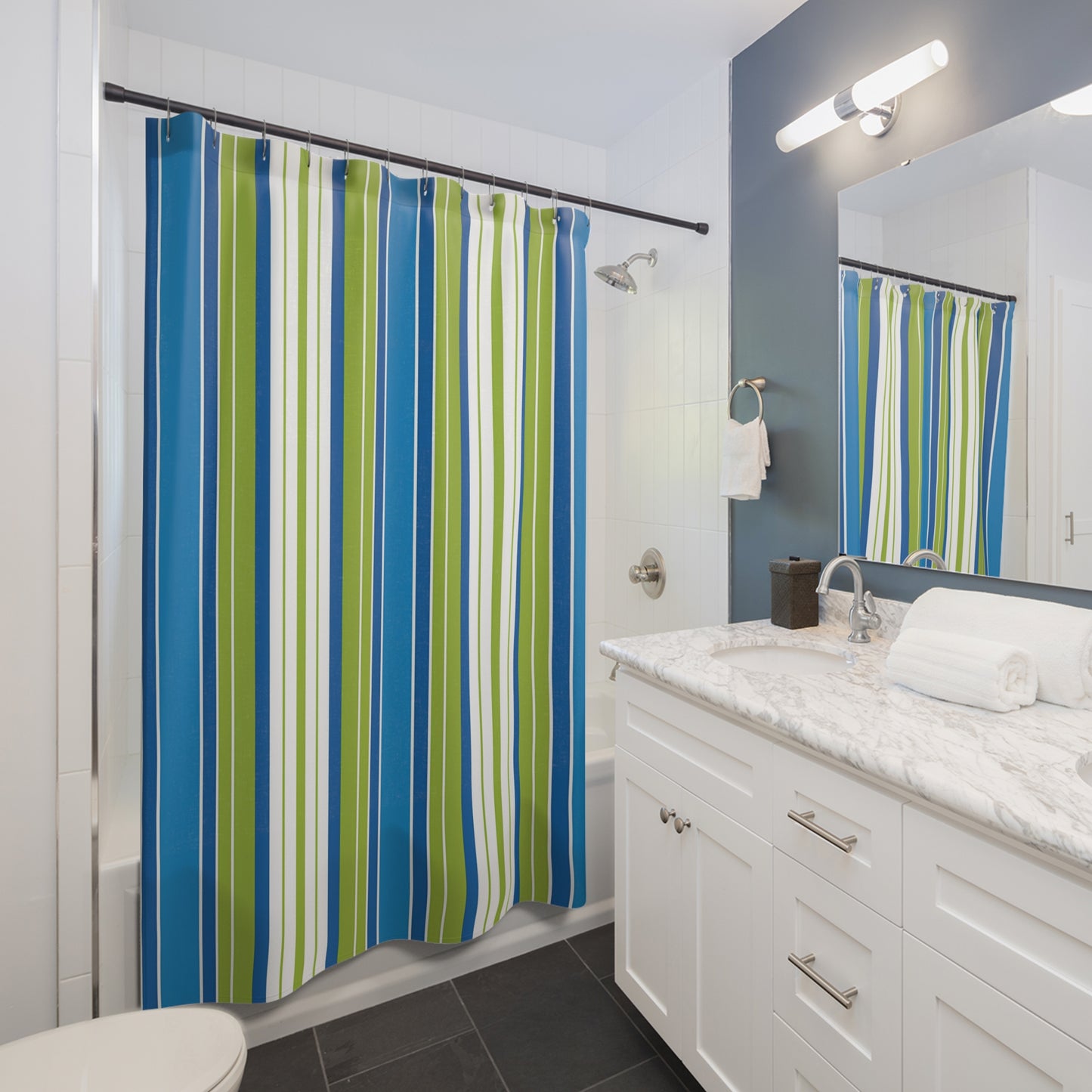 Blue Green Vertical Stripes Shower Curtain | Nautical Bathroom Stripe