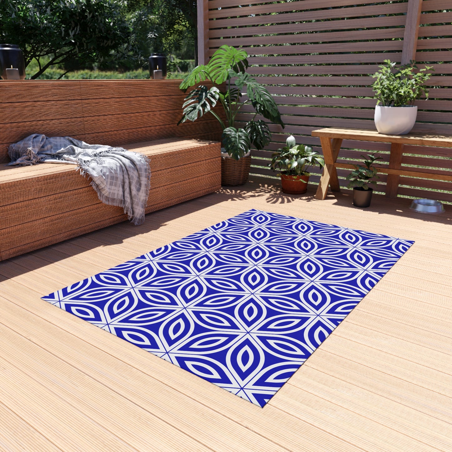 Royal Blue Geometric Floral Pattern Outdoor/Indoor Rug | Blue Petal Tile Design