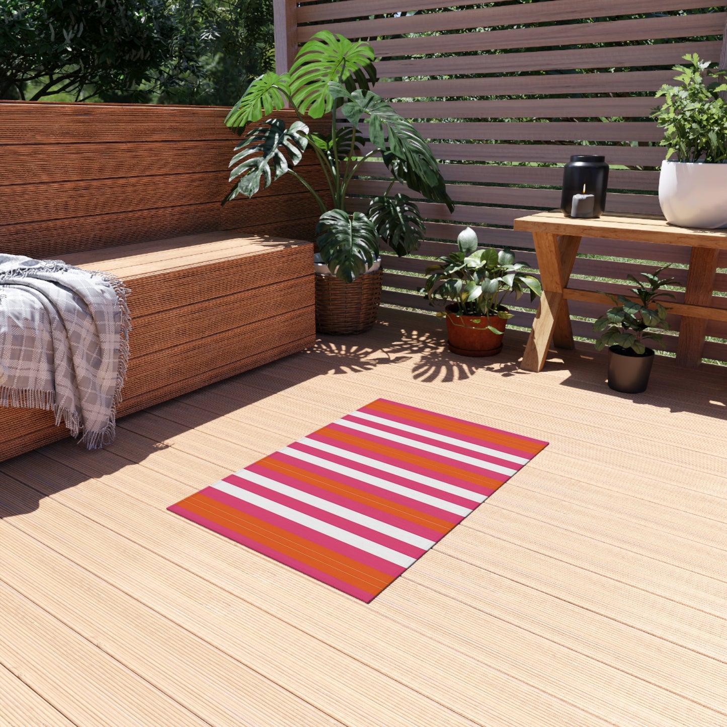 Bright Pink Orange Stripe Outdoor/Indoor Rug | Patio Mat, Weatherproof