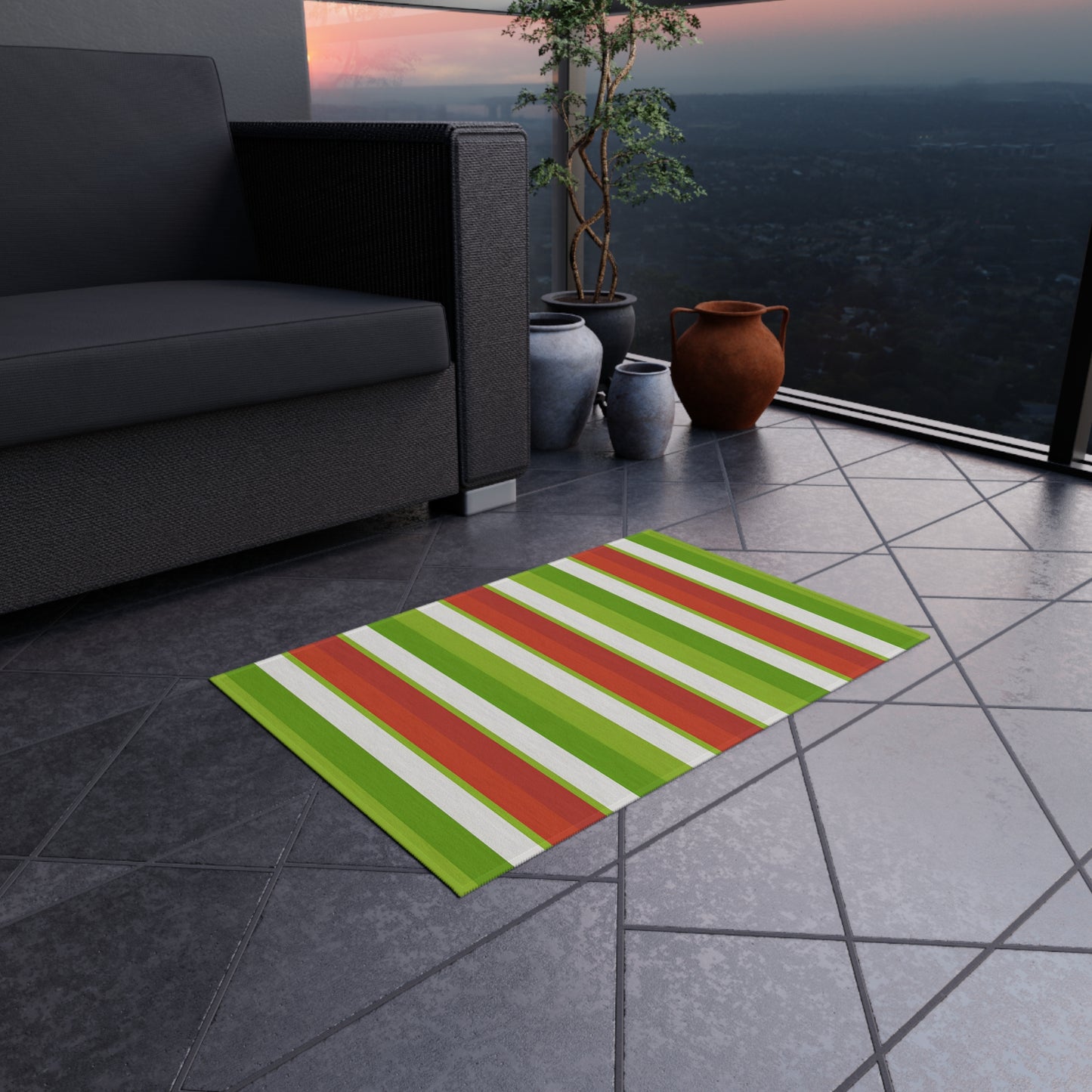 Green Orange Red White Stripe Outdoor/Indoor Rug | Patio Mat, Weatherproof Porch Rug